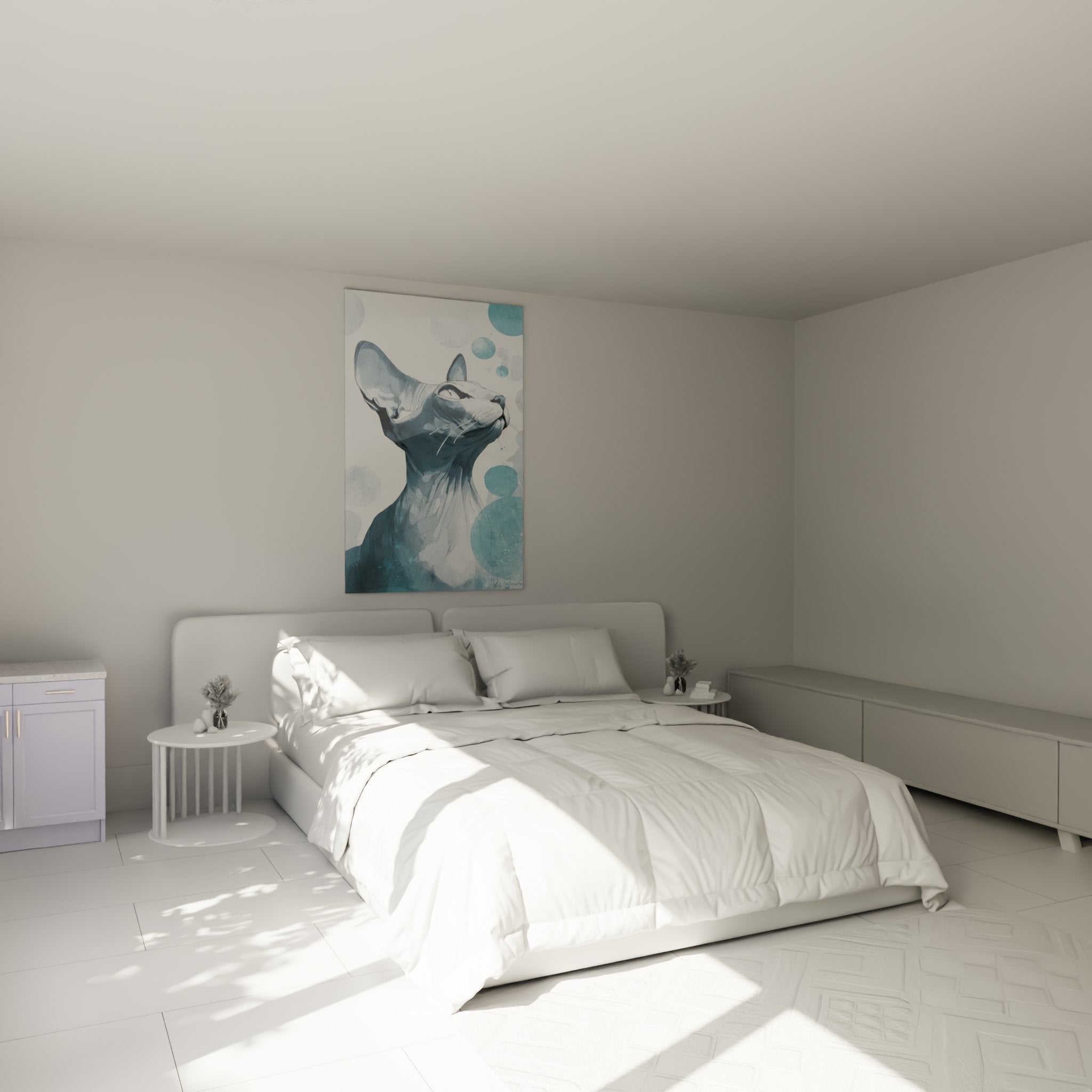Quadro gatto Sphynx blu in camera moderna, decorazione murale elegante con tonalità rilassanti