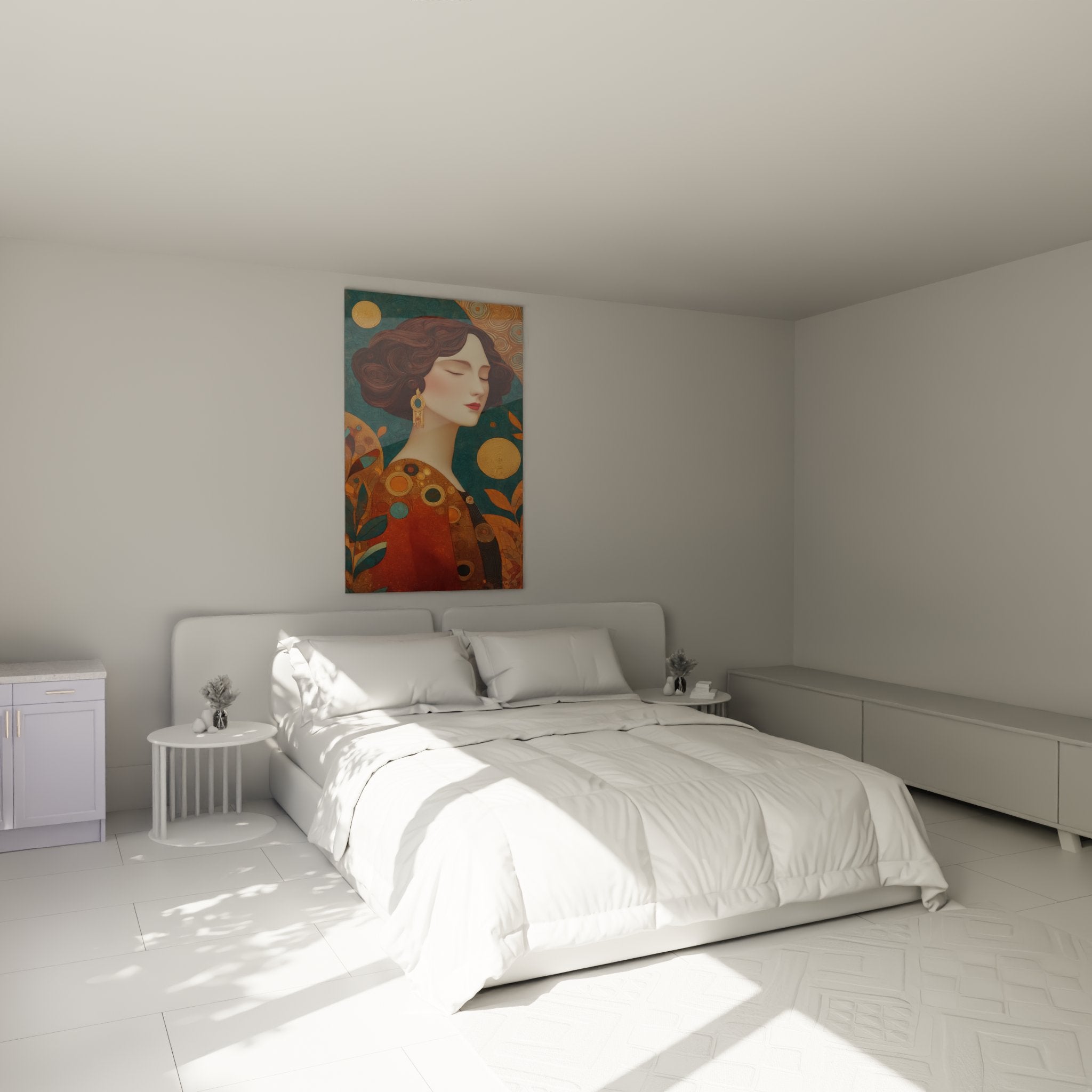 Art Deco portrait painting in a modern bedroom, woman with gold and turquoise tones