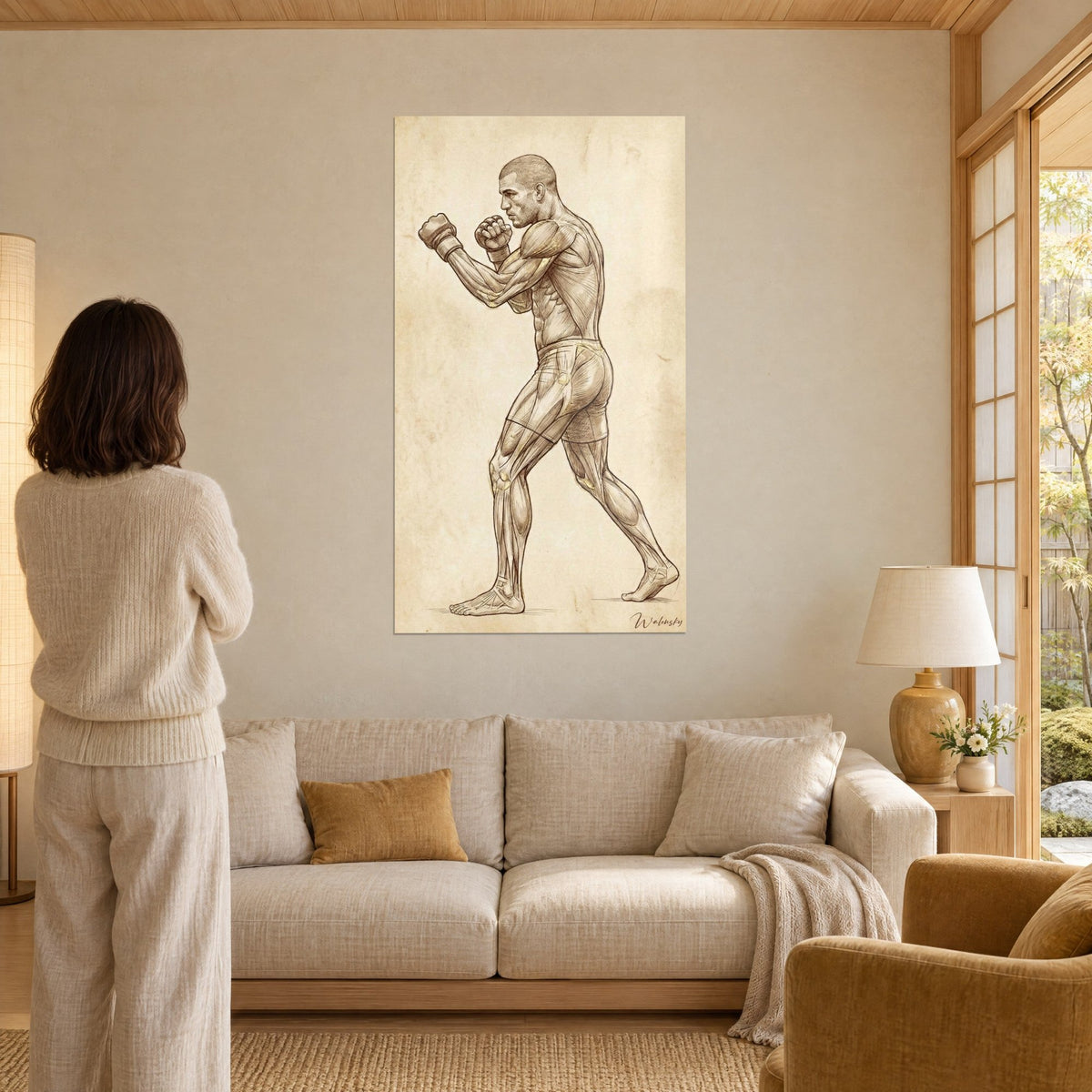 Tableau boxeur en garde, poings gantés levés, croquis sépia sur parchemin crème, femme de dos, au-dessus d'un canapé dans un salon lumineux