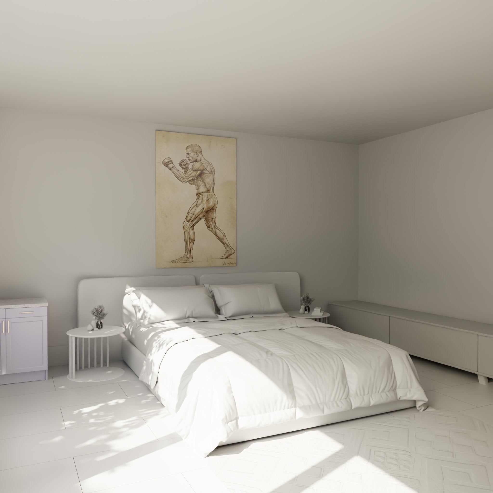 Decoration chambre tableau MMA anatomie combattant, art martial mural tons beiges vintage