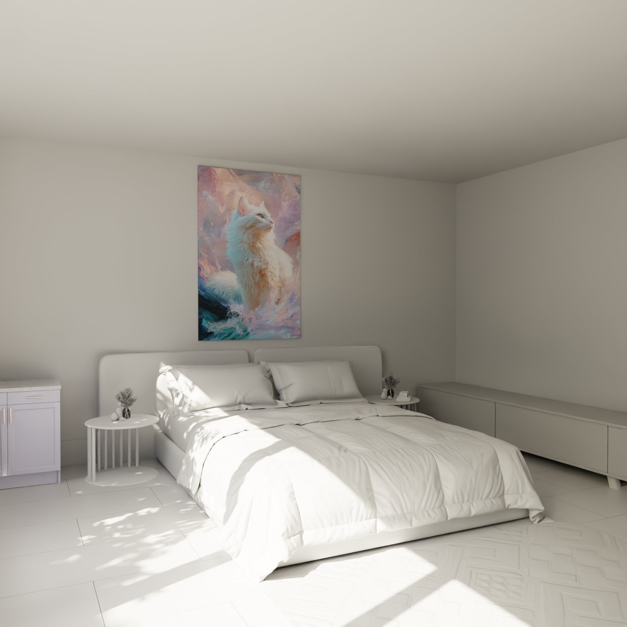 Decoration murale chambre avec tableau chat Turkish Van contemplatif dans ambiance pastel apaisante