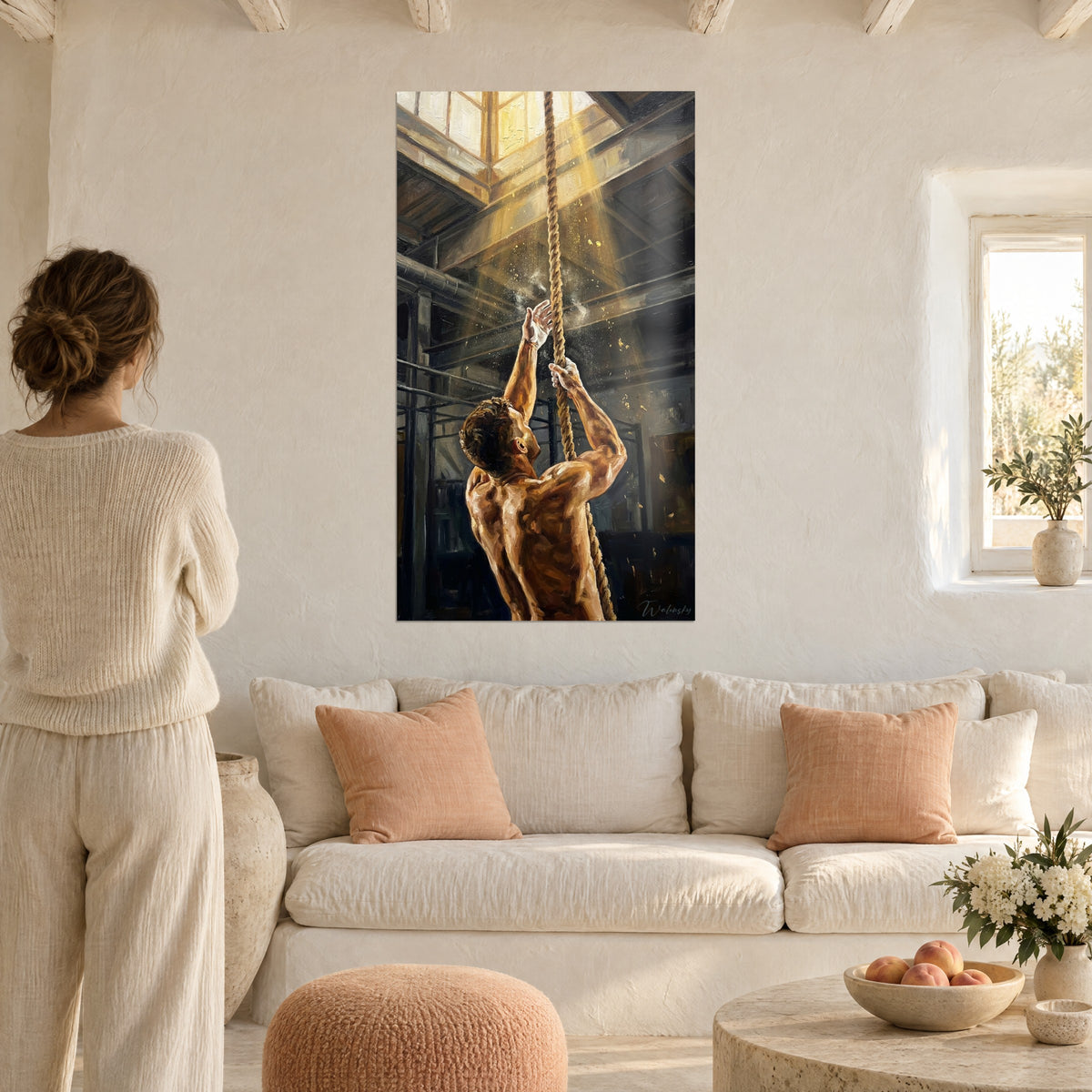 Wall art shirtless climber gripping a hemp rope, golden rays and chalk dust, above a sofa in a bright living room