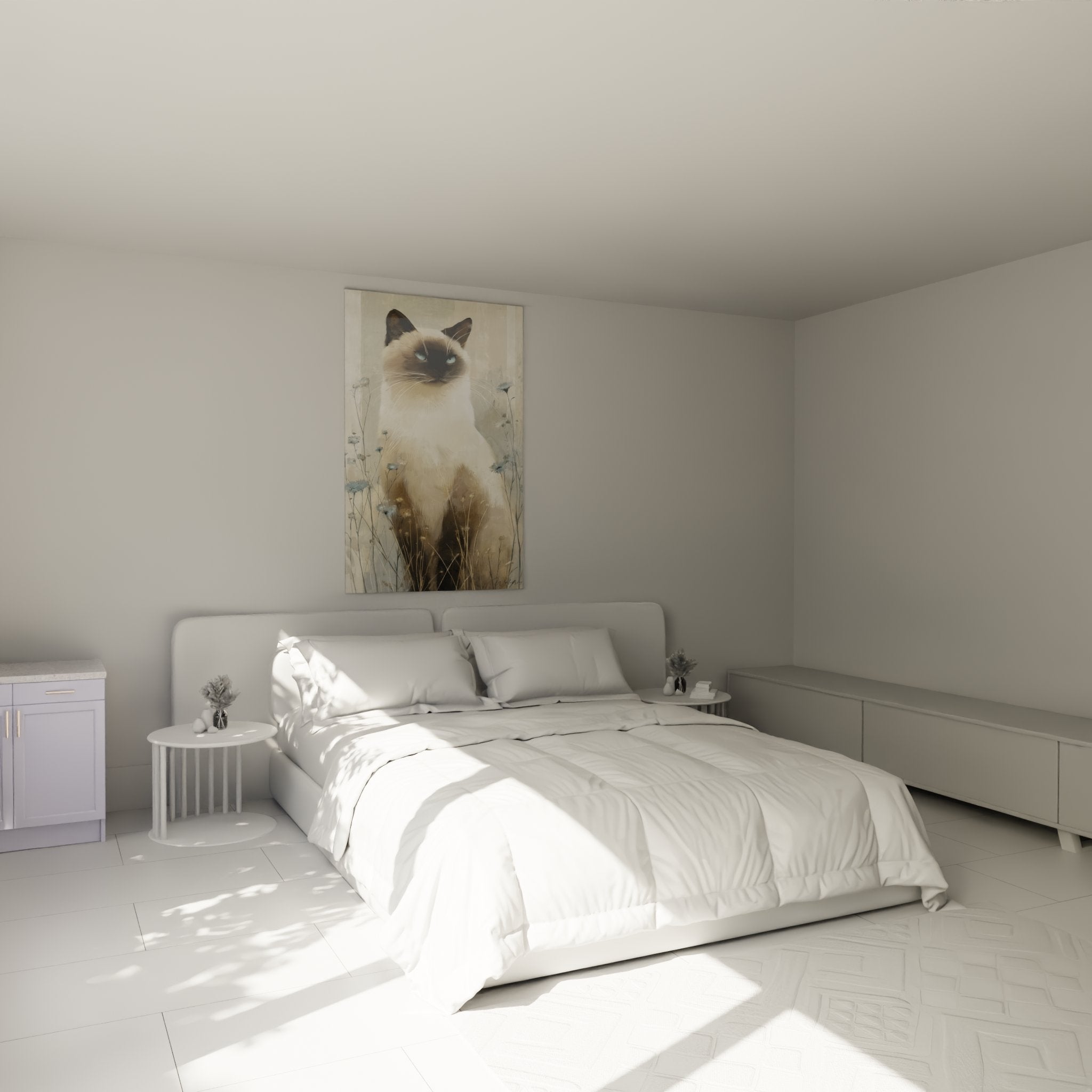 Decorazione camera da letto con quadro gatto birmano elegante in ambiente naturale fiorito con toni neutri rilassanti