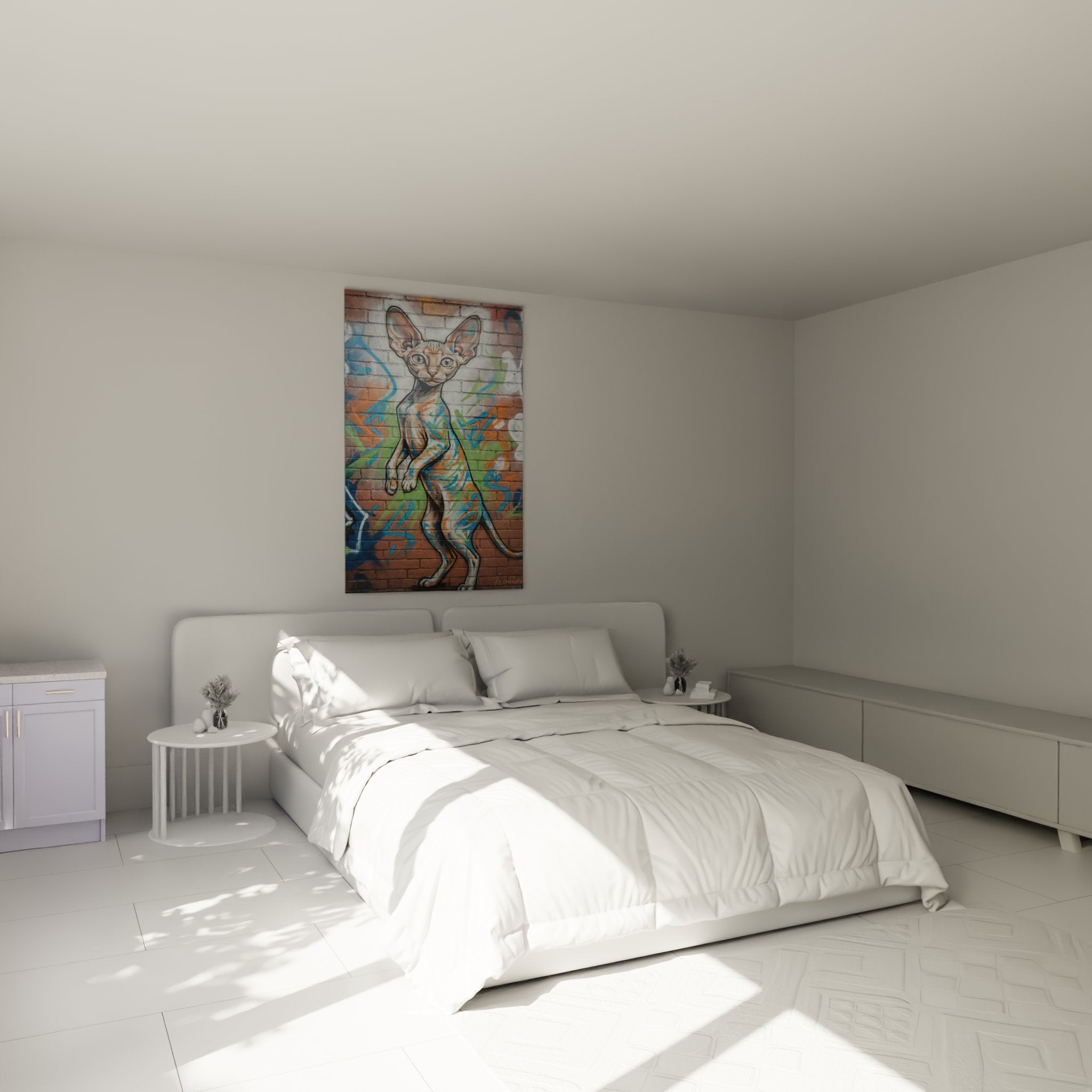 Tableau chat Cornish Rex style graffiti décorant une chambre moderne avec mur de brique