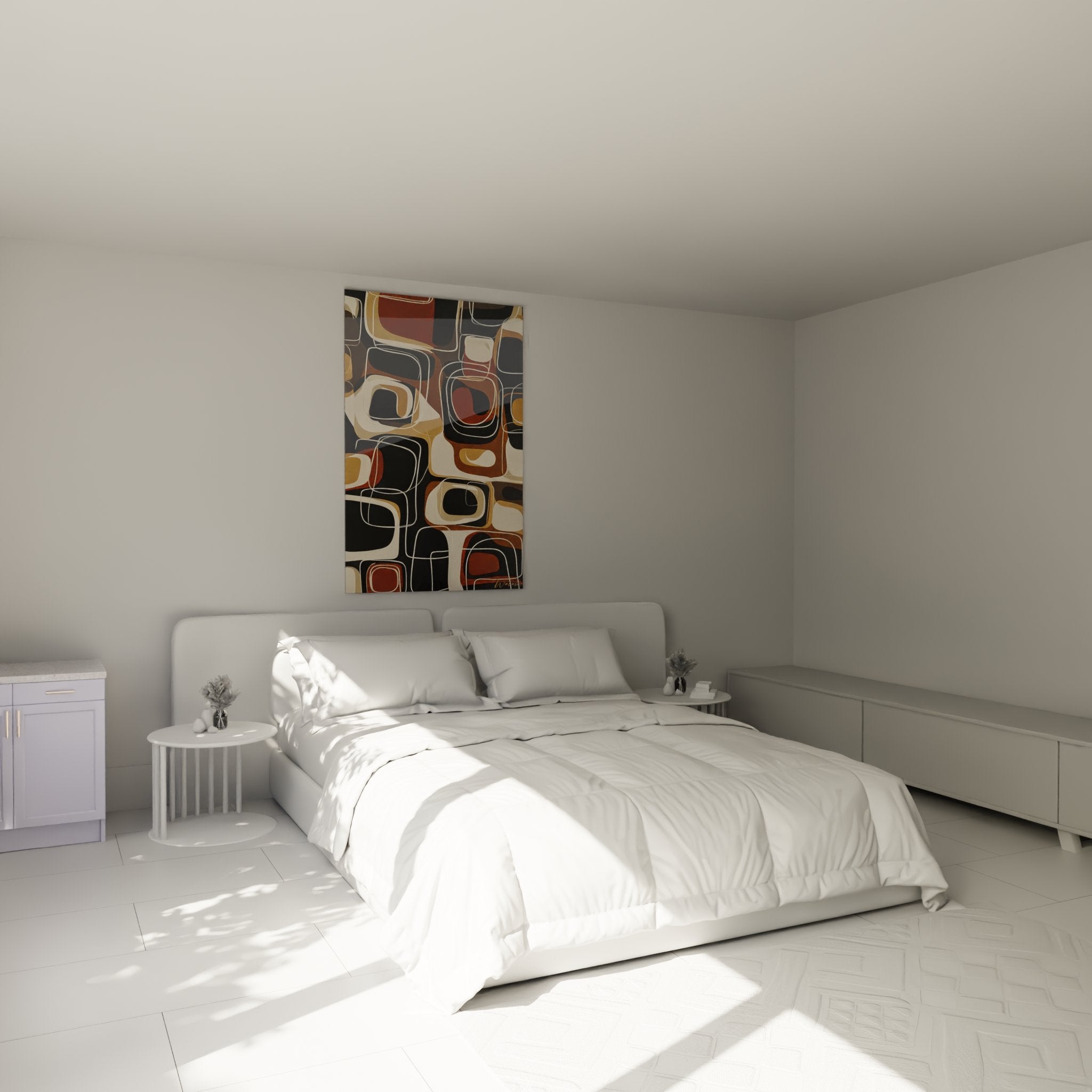 Decorazione murale camera da letto con quadro motivi organici africani tonalità neutre atmosfera calda