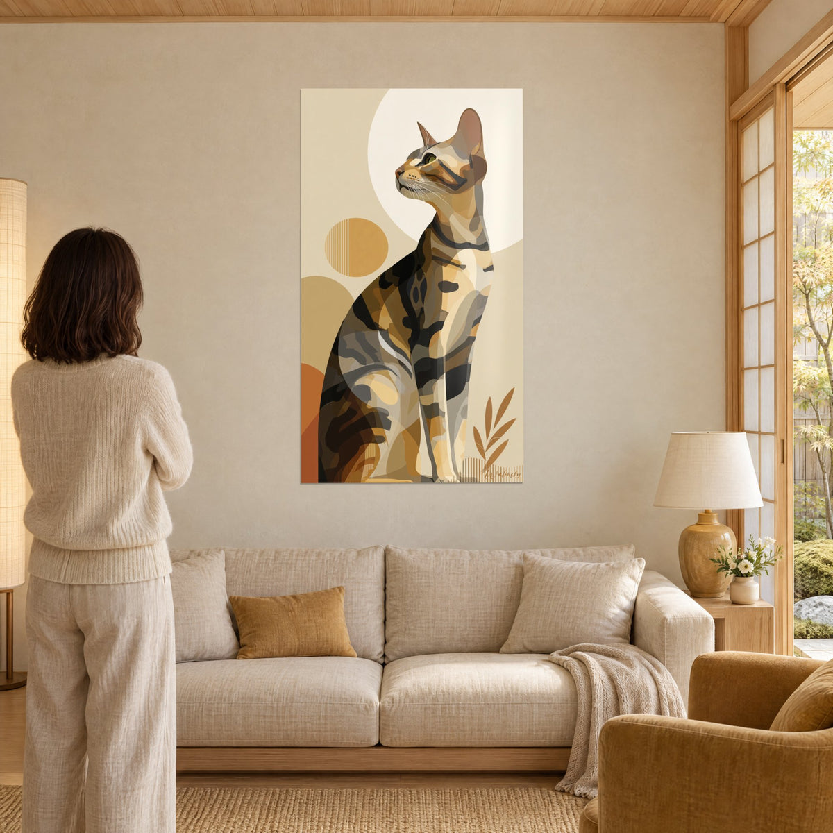 Gemälde einer sitzenden getupften Sokoke-Katze, Schnauze erhoben, goldocker und dunkelbraun, Frau von hinten über einem Sofa in einem hellen Wohnzimmer