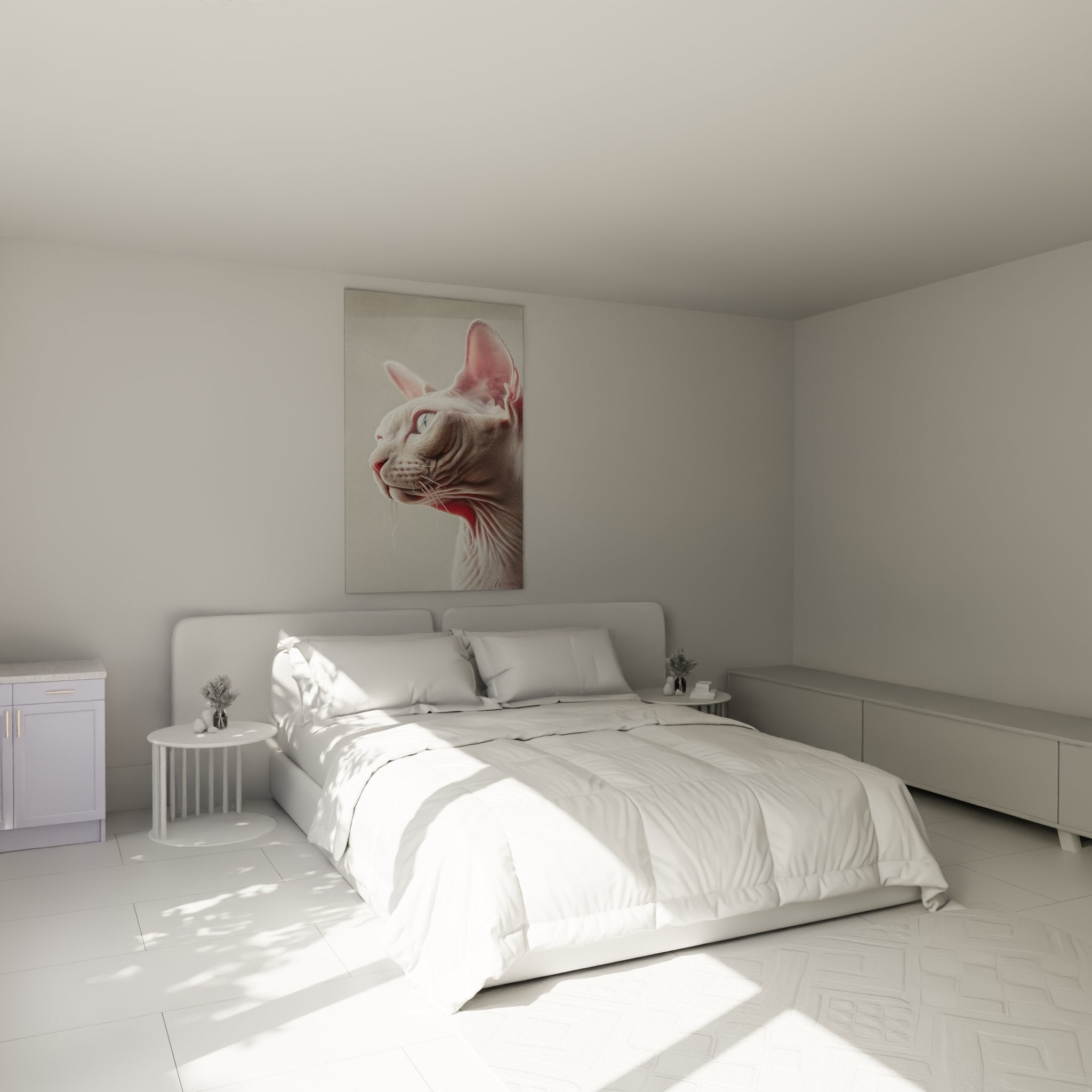 Quadro gatto Sphynx ritratto rosa in camera moderna decorazione murale elegante letto bianco