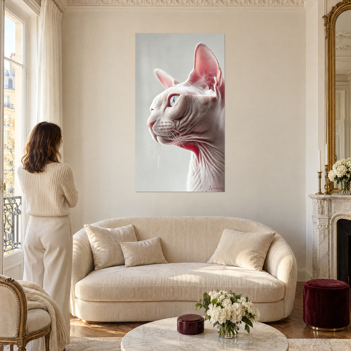 Cuadro gato esfinge de perfil, piel rosa pálida y oreja nacarada, sobre fondo gris perla, mujer de espaldas, encima de un sofá en un salón luminoso