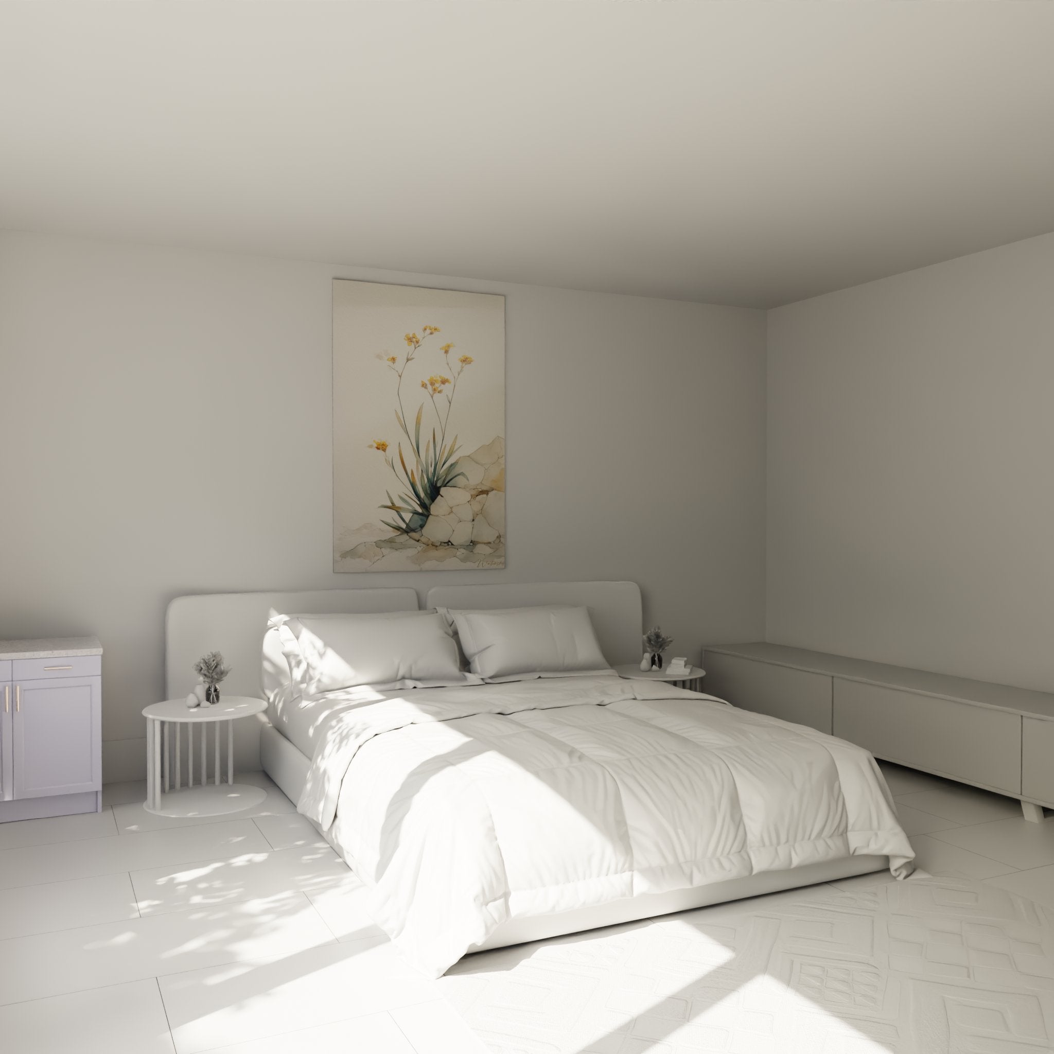 Tableau aquarelle fleurs jaunes dans chambre moderne - decoration murale botanique style mediterraneen