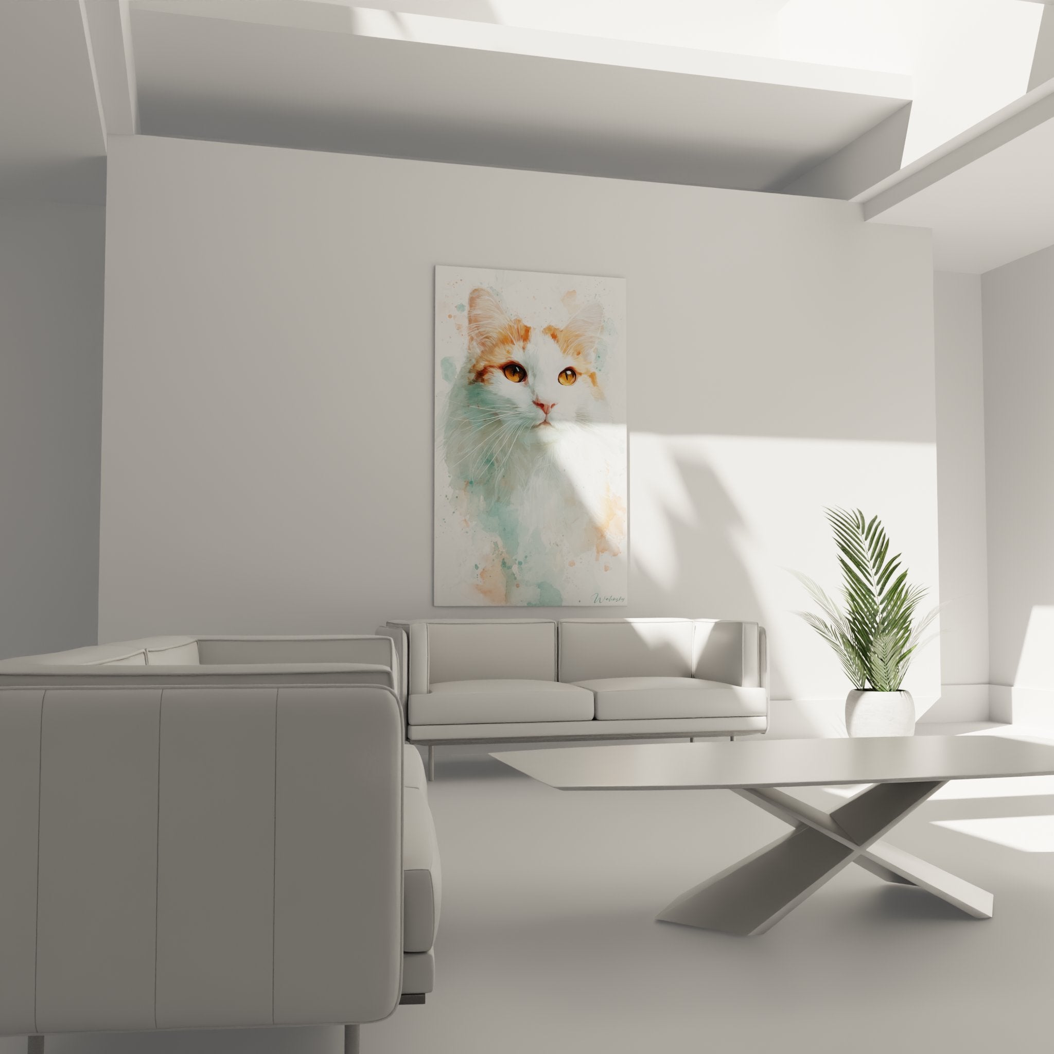 Détail gros plan tableau aquarelle Turkish Van, technique peinture délicate yeux ambrés et pelage blanc orangé