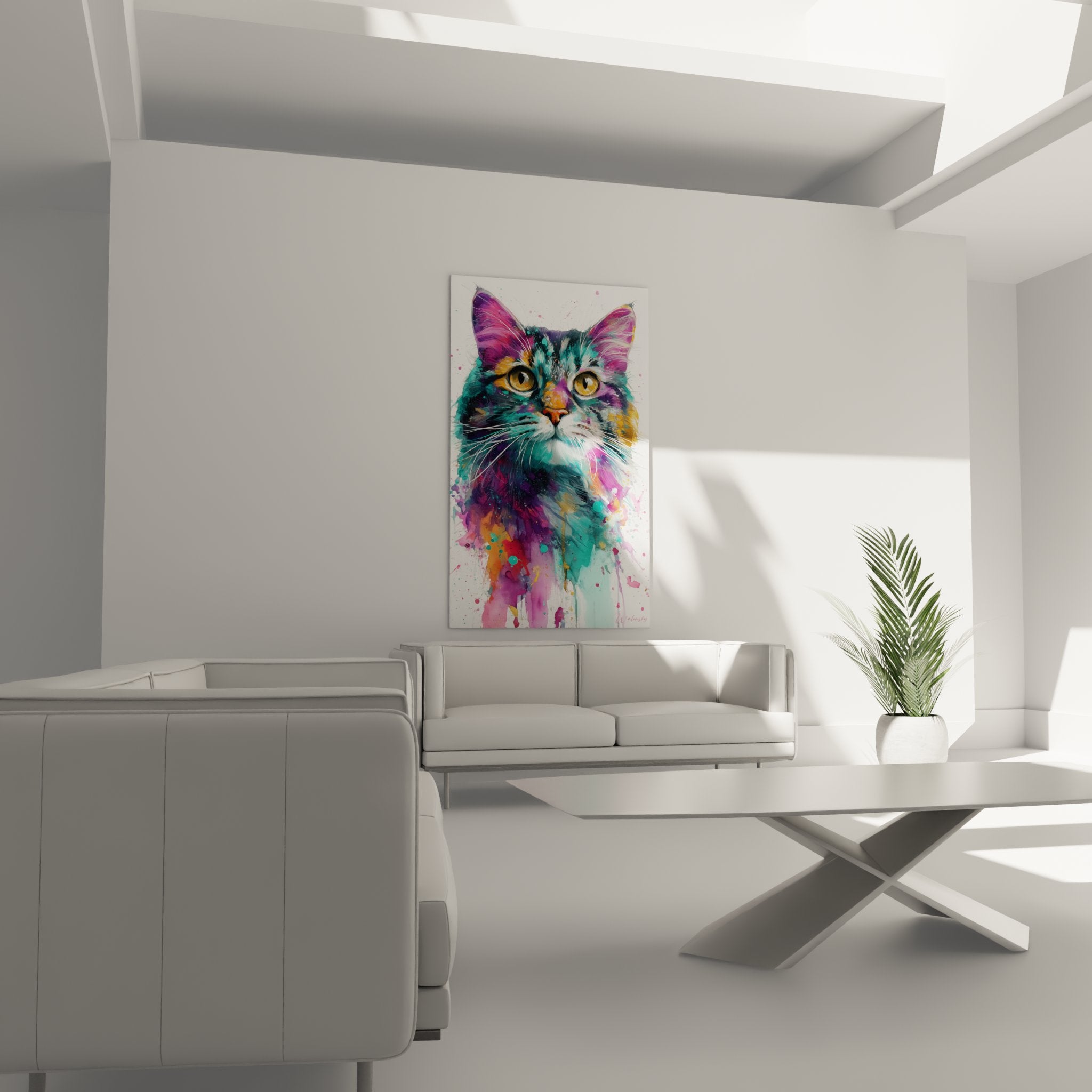 Nahaufnahme goldene Augen American Bobtail Katze Aquarell mehrfarbig künstlerisches Detail weiße Schnurrhaare