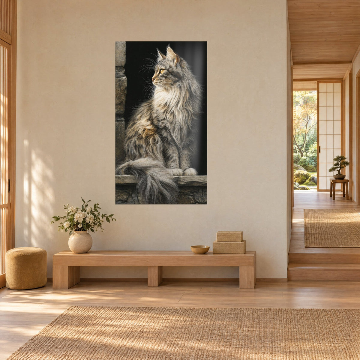 Schilderij katachtige met lang zilverkleurig haar op een diepzwarte achtergrond, zittend op een stenen rand, driekwartaanzicht in een japandi gang van licht hout