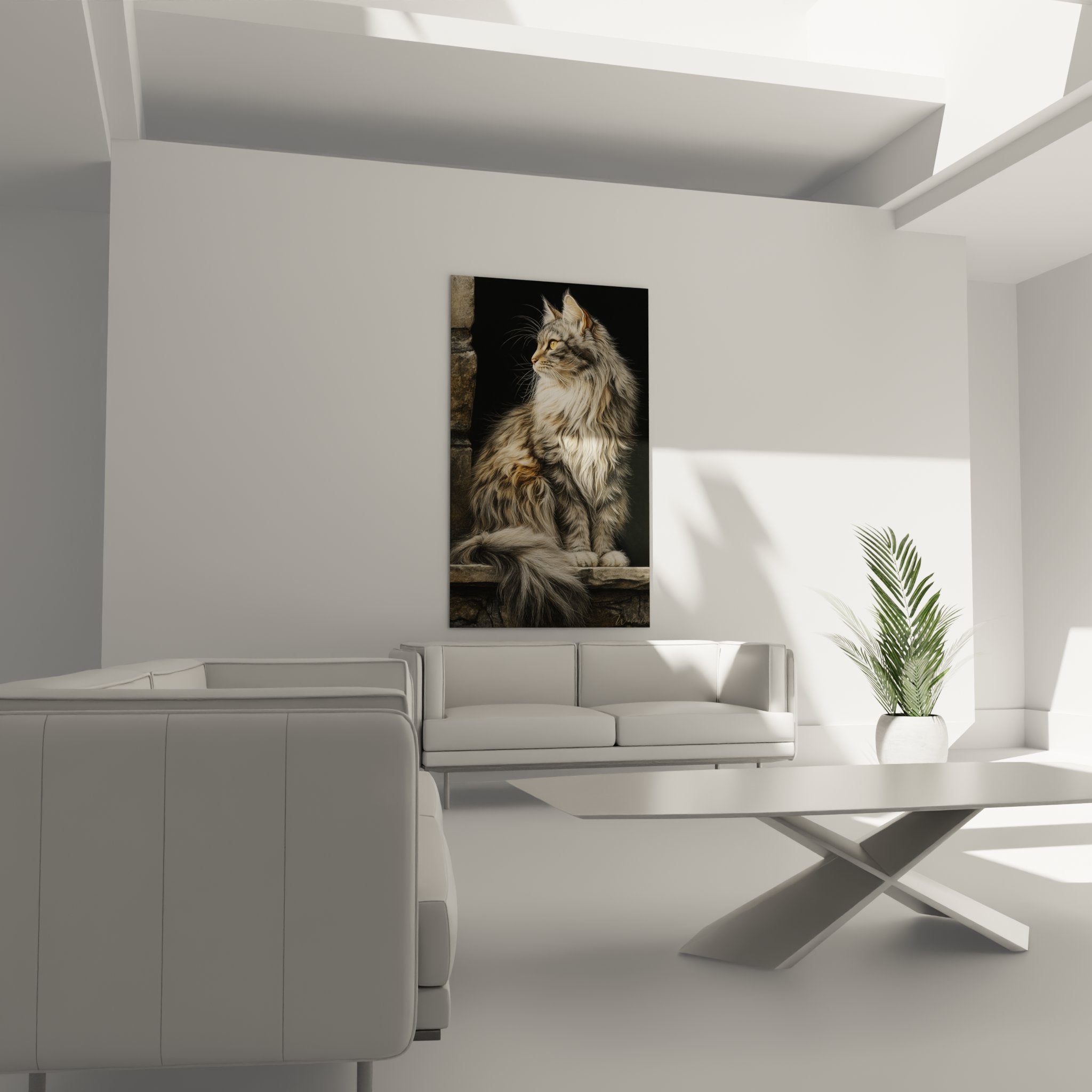 Détail portrait chat sibérien, regard intense doré et pelage soyeux hyperréaliste