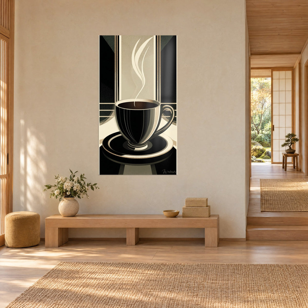 Quadro porcellana fumante su piattino bordato d'oro, sfondo verde scuro e crema, vista a tre quarti in un ingresso in stile japandi