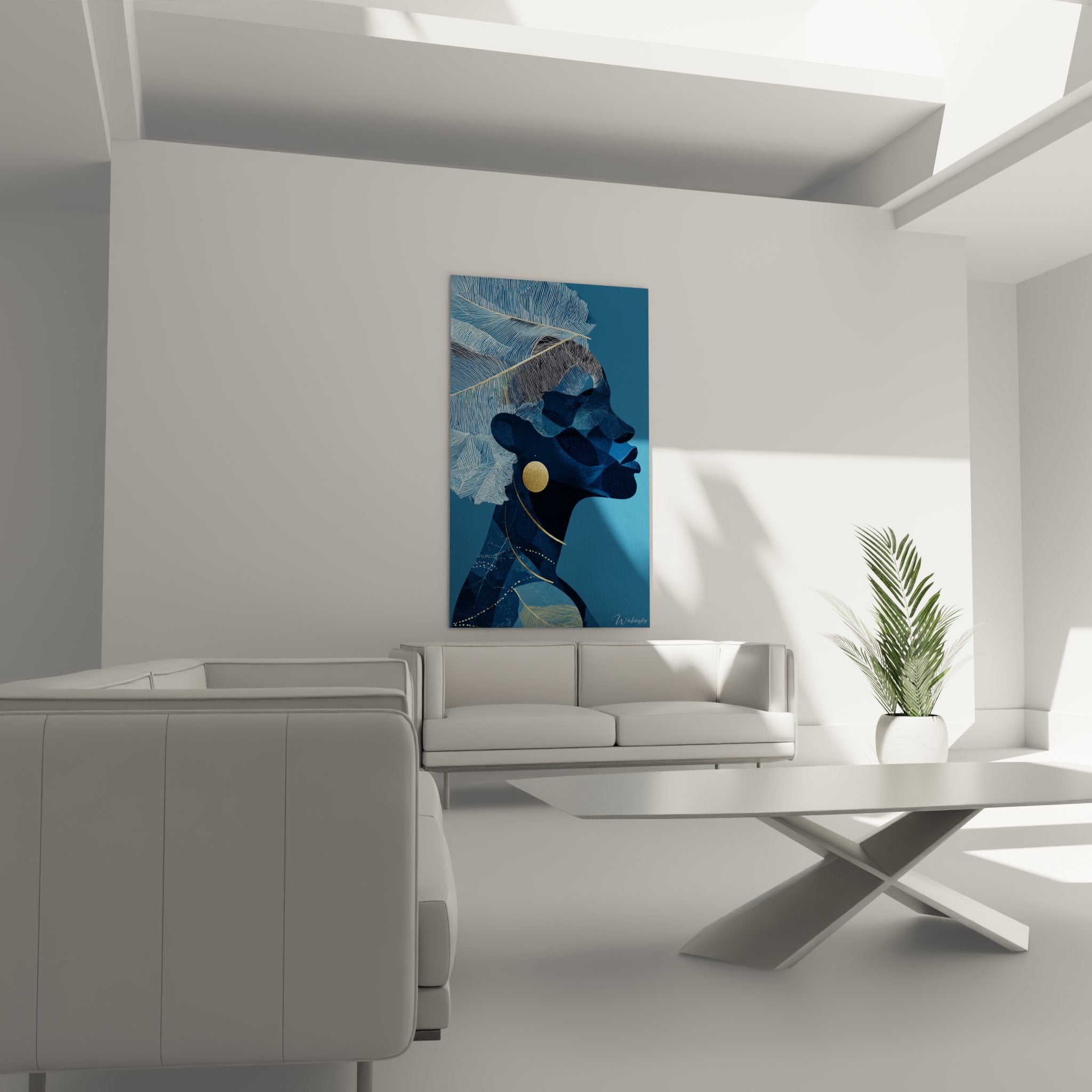 Dettaglio ravvicinato del quadro di donna africana che mostra piume delicate e motivi geometrici dorati