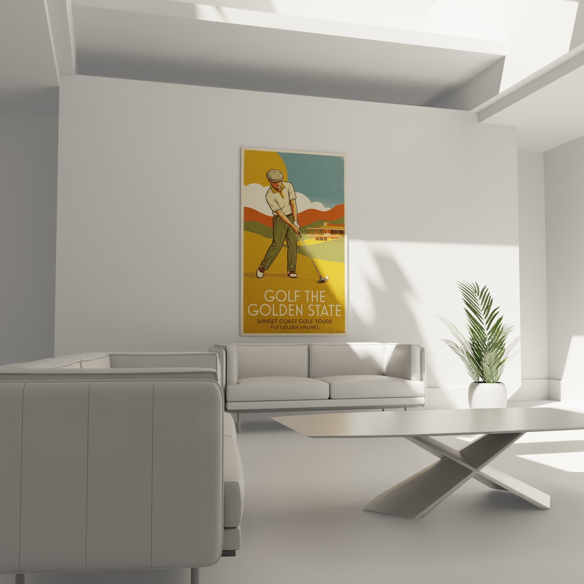 Détail tableau golf vintage : golfeur élégant en tenue classique, style affiche publicitaire années 50