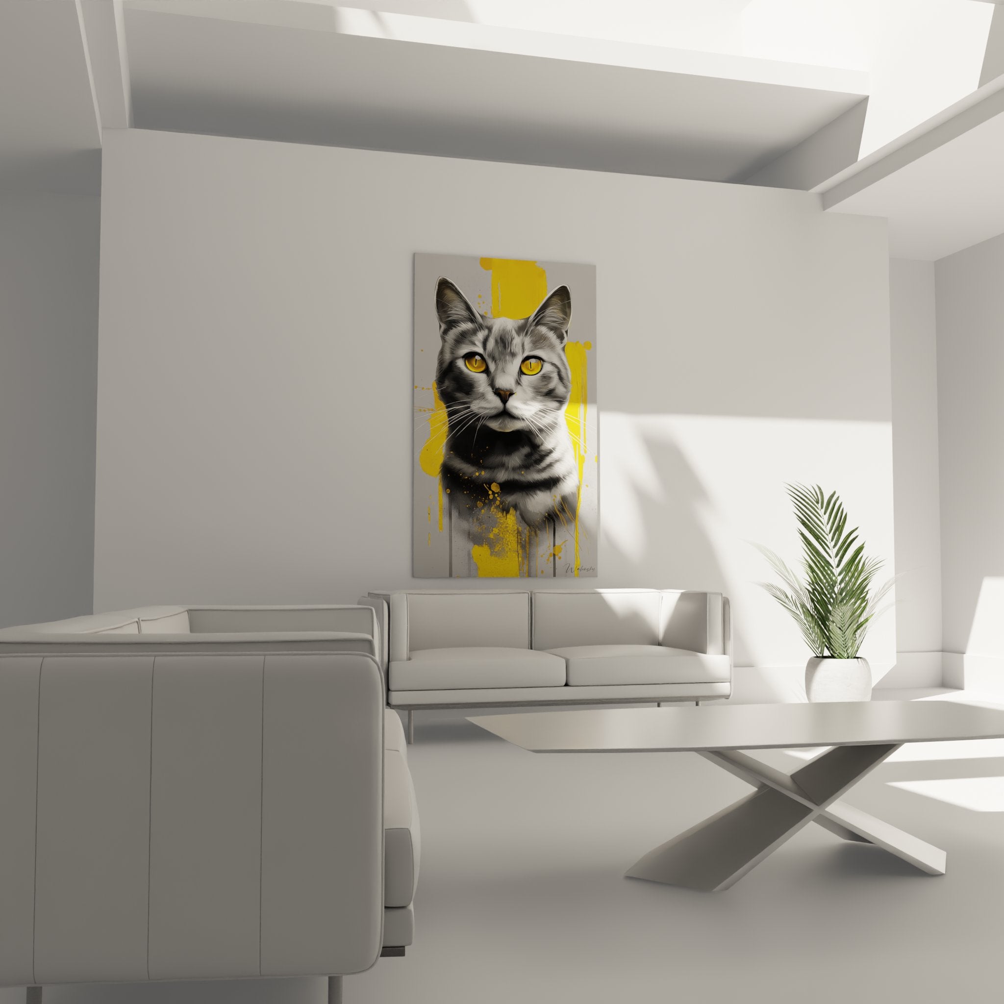 Detail portrait chat American Shorthair gris yeux ambre dores peinture realiste moderne jaune gris