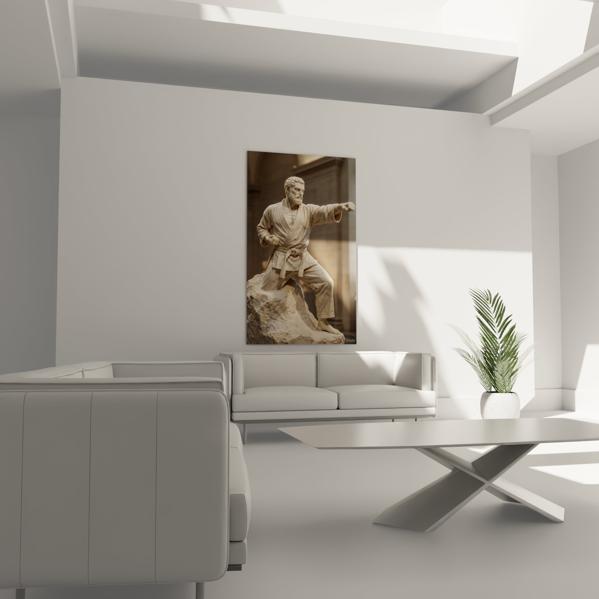 Gros plan sur la statue de maître karaté montrant les détails du visage barbu et de la posture de combat