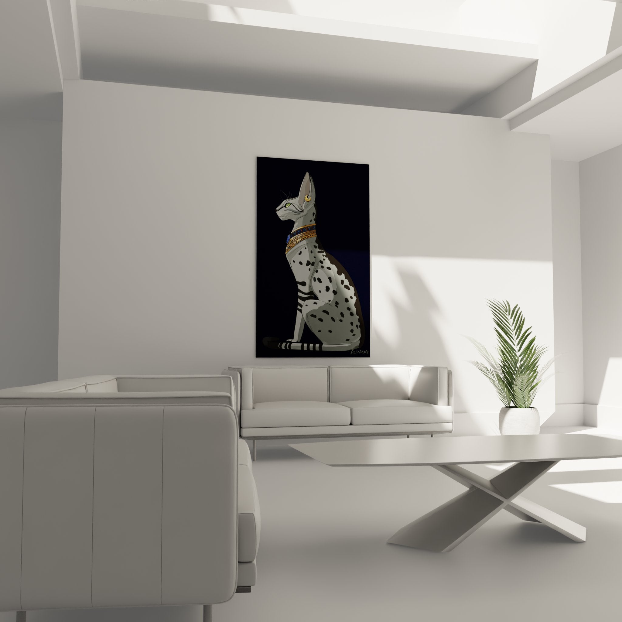 Primo piano del quadro Egyptian Mau con occhi verdi, dettagli del collare con geroglifici dorati e macchie del mantello argentate