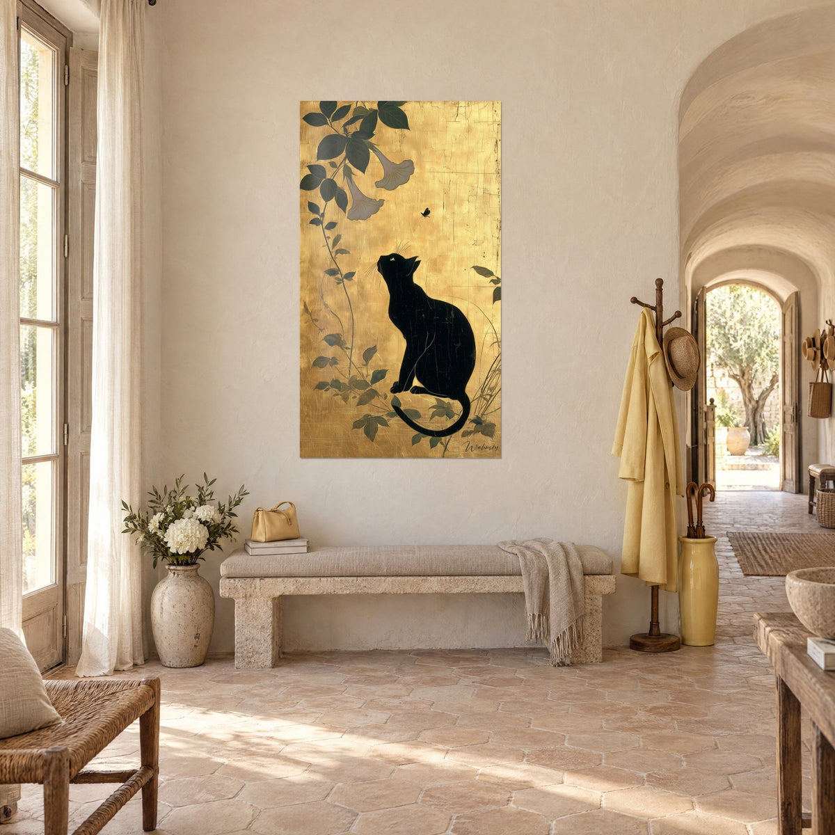 Wall art Bombay cat in ink silhouette on golden background, dark butterfly and deep green foliage, vaulted hallway of a Provençal farmhouse