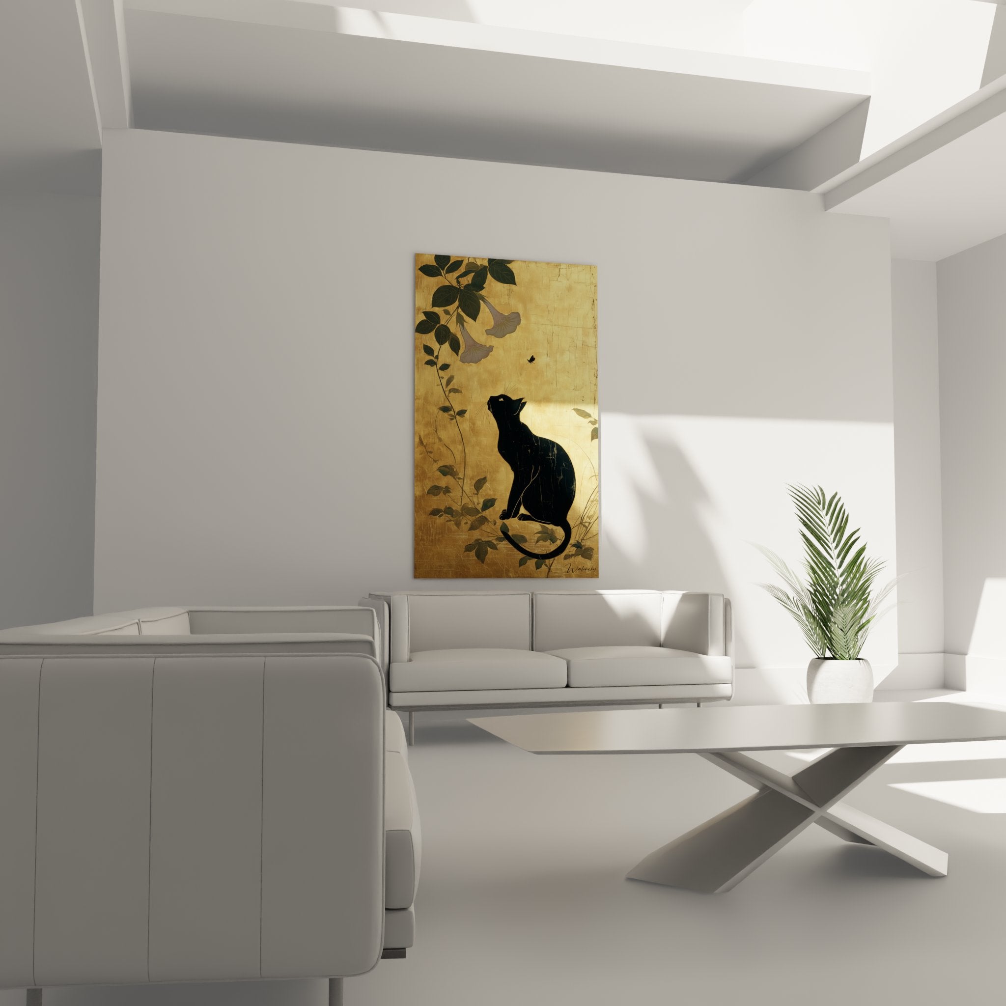 Dettaglio quadro gatto Bombay nero seduto che guarda farfalla con rami fioriti sfondo texture oro