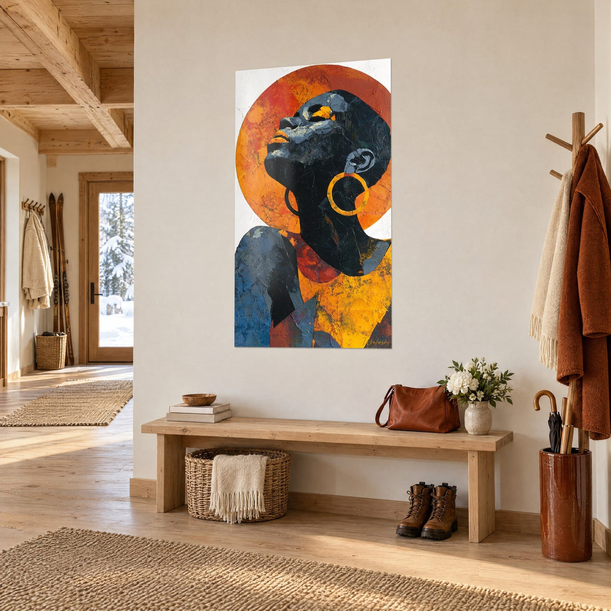 Wall art Jet-black profile, rust and ochre disc behind the head, slate-blue shoulder, three-quarter view in a chalet