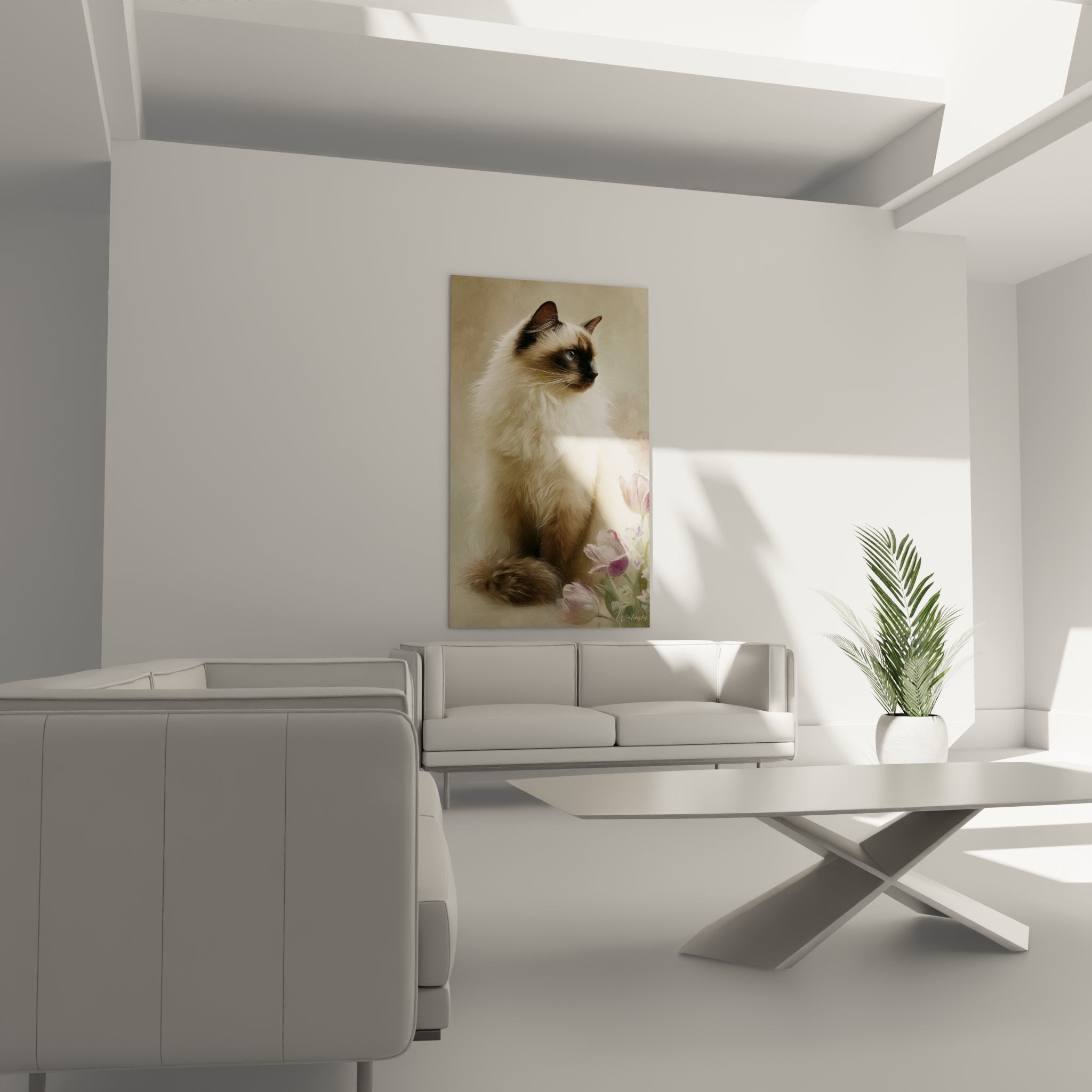 Close-up Birman cat painting realistic portrait, silky coat details and piercing blue eyes