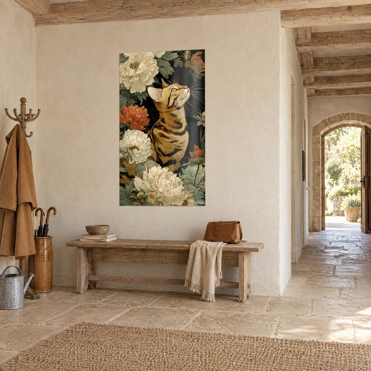 Wall art tabby feline with deep brown stripes, green eyes, surrounded by cream and old rose peonies, in the stone entrance hall