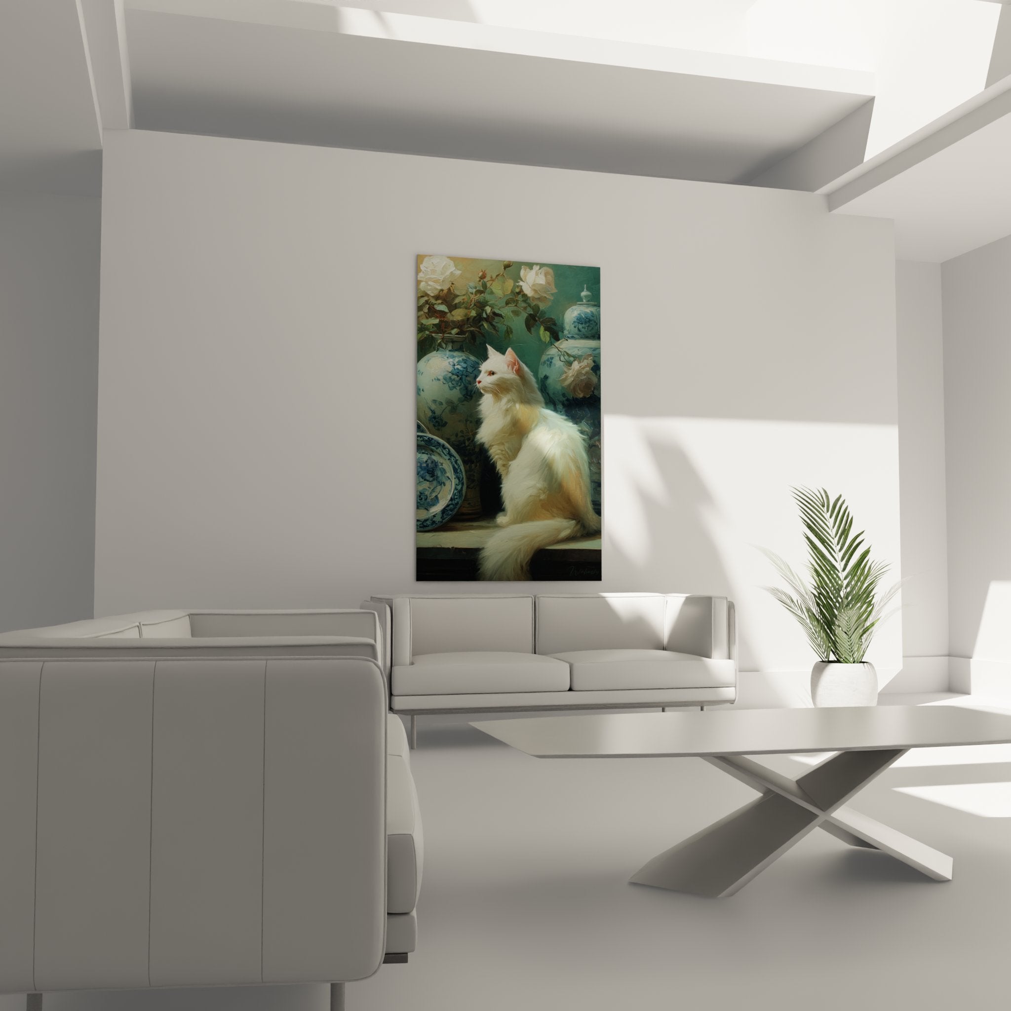 Dettaglio dipinto gatto bianco a pelo lungo davanti a collezione di ceramiche blu con motivi floreali cinesi