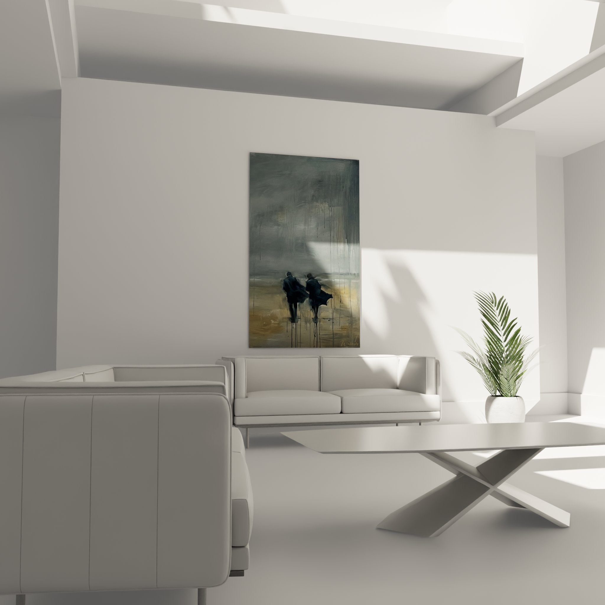 Detail of the artwork showing paint dripping technique evoking rain on silhouettes