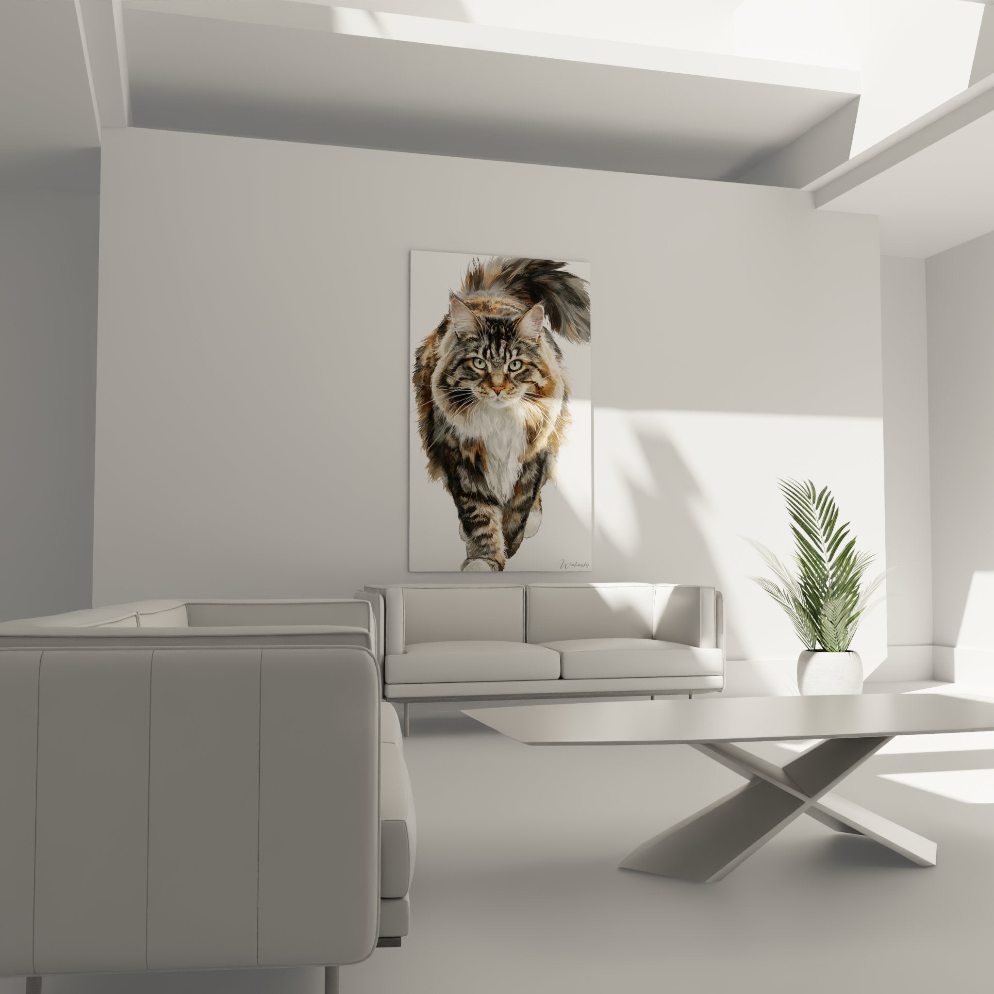 Détail rapproché du tableau montrant la texture réaliste du pelage du chat Sibérien