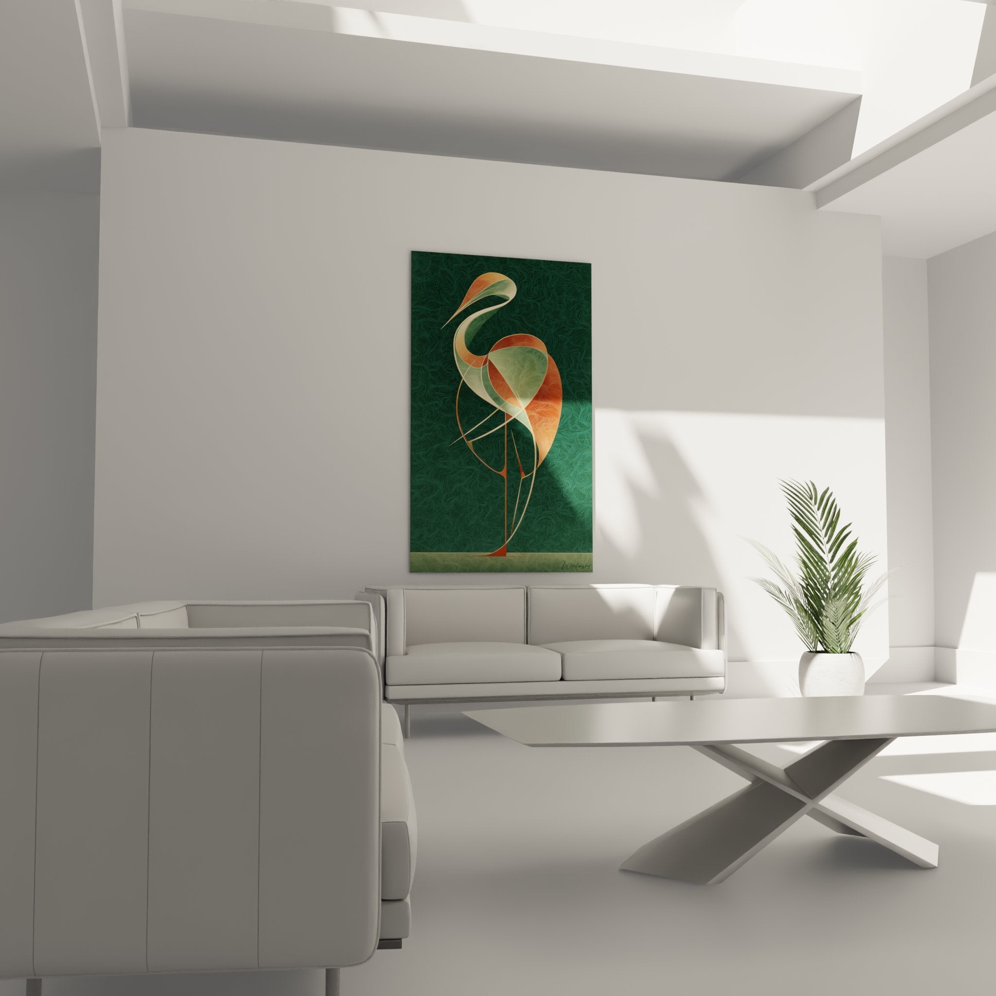 Dettaglio quadro fenicottero rosa art deco texture motivi geometrici colori rame verde