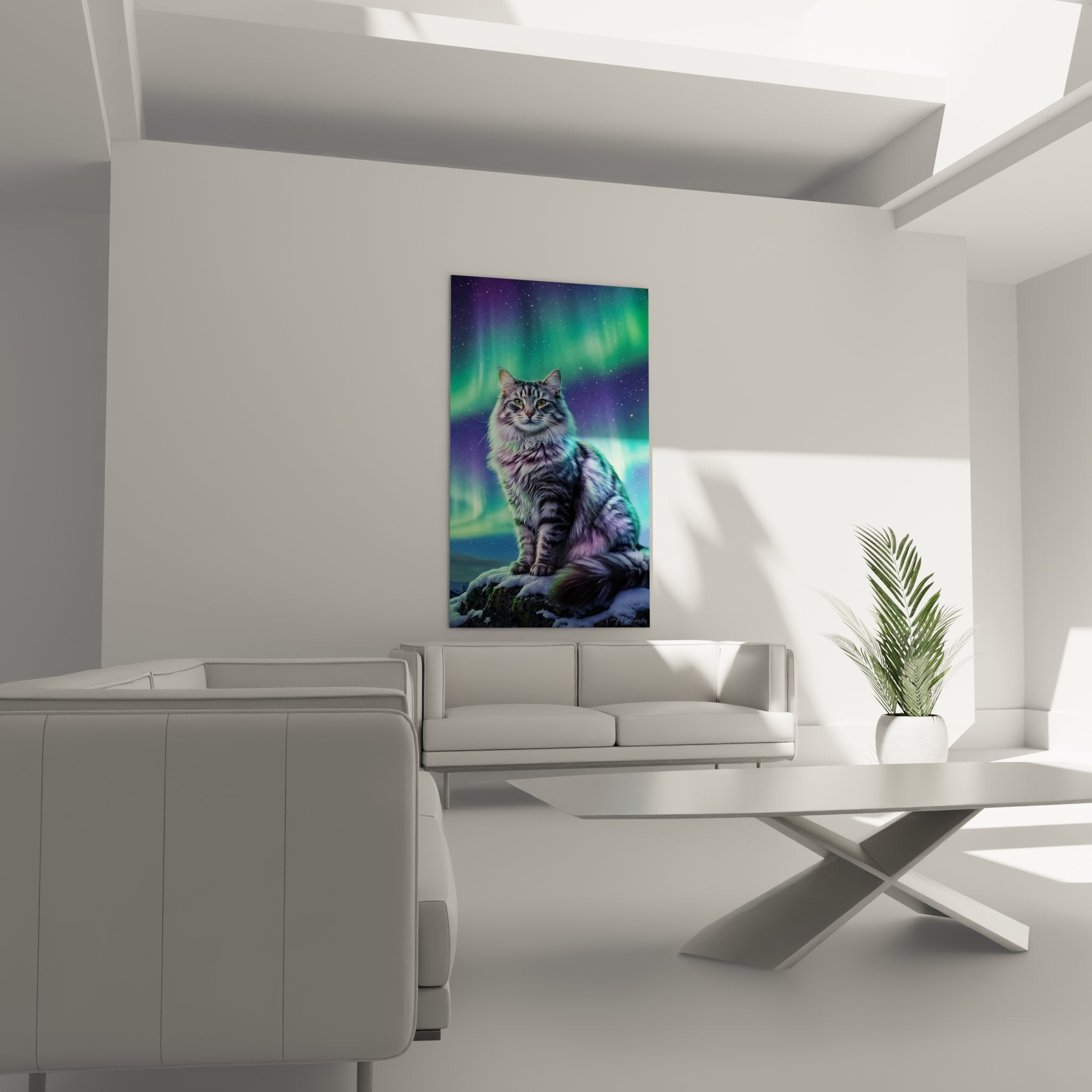 Detail Norwegian Forest Cat tabby coat green eyes under Northern Lights aurora borealis magical artistic effect