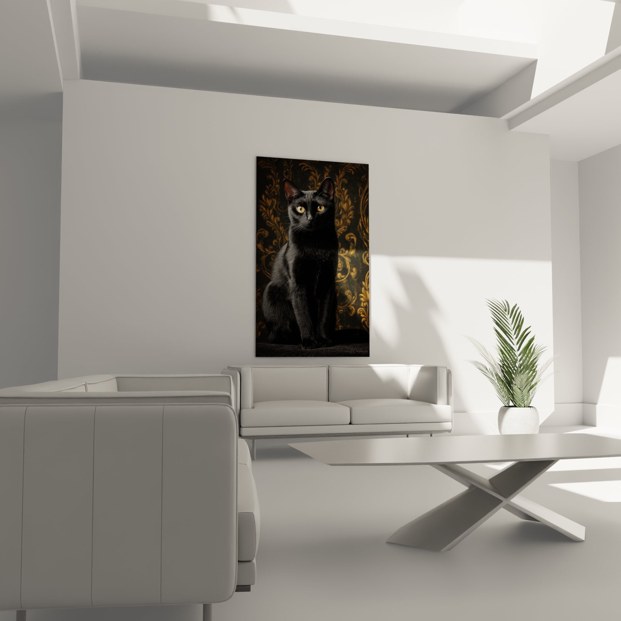 Nahaufnahme Schwarze Bombay Katze Gemälde, bernsteinfarbene Augen und glänzendes Fell auf verziertem goldenem Hintergrund