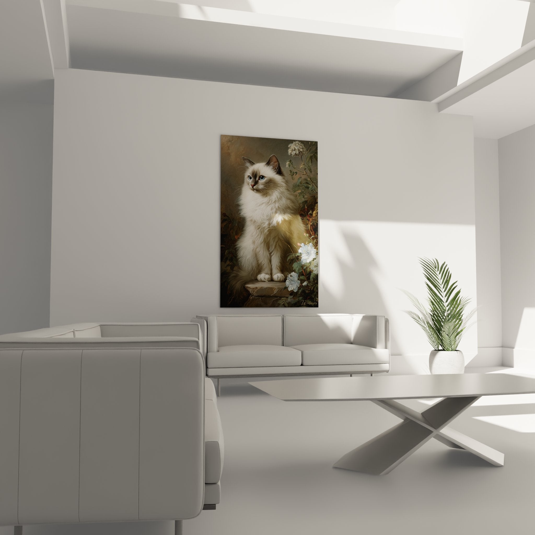 Close-up of Birman cat artwork details showcasing creamy fur texture and piercing blue eyes
