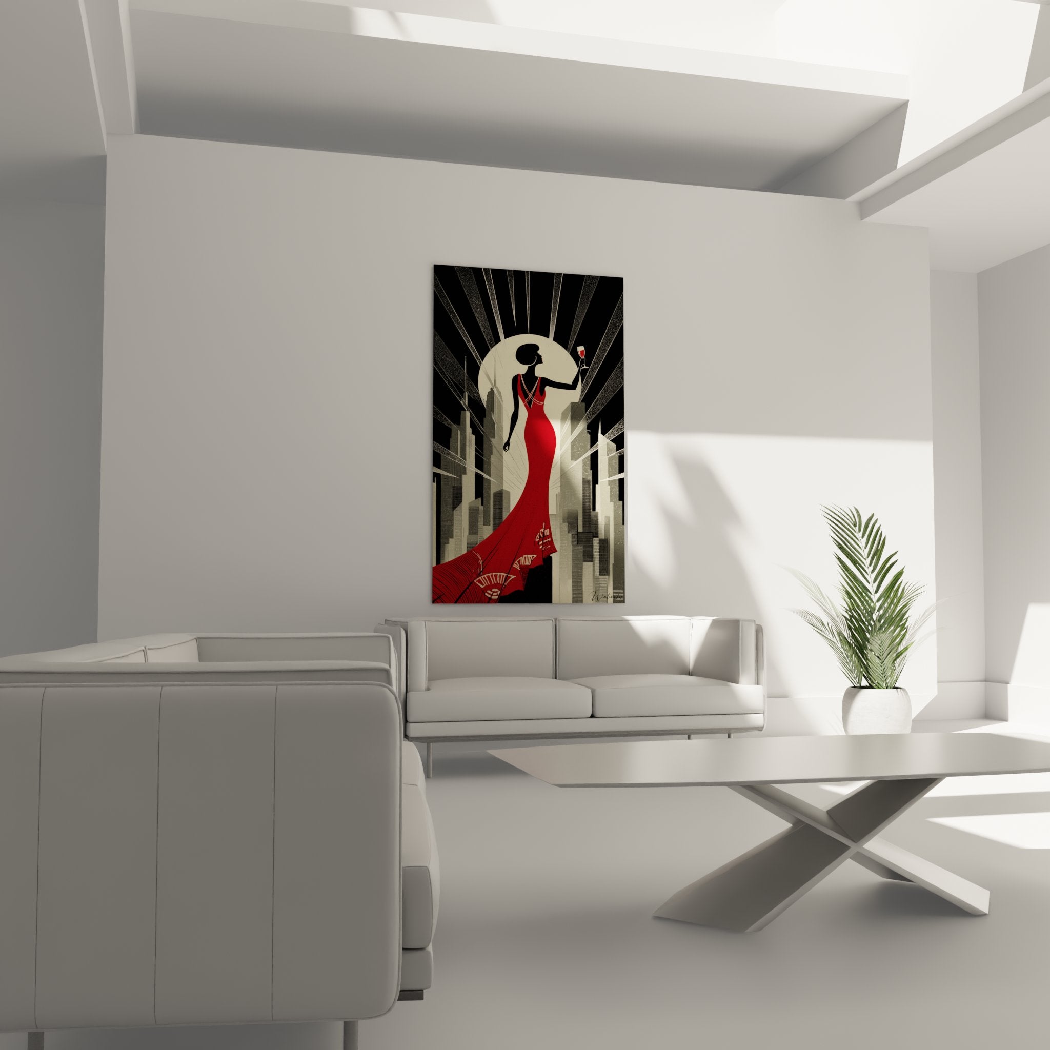 Detail tableau art deco visage femme silhouette robe rouge texture peinture style vintage qualite