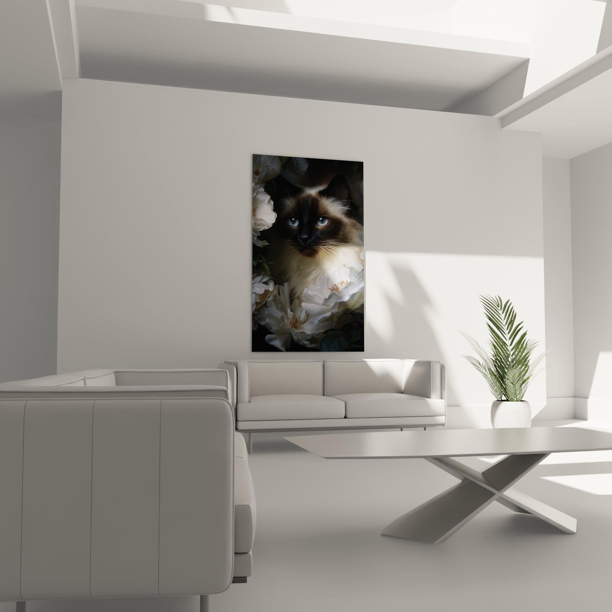 Close-up Birman cat artwork intense blue gaze white peonies seal point fur details artistic
