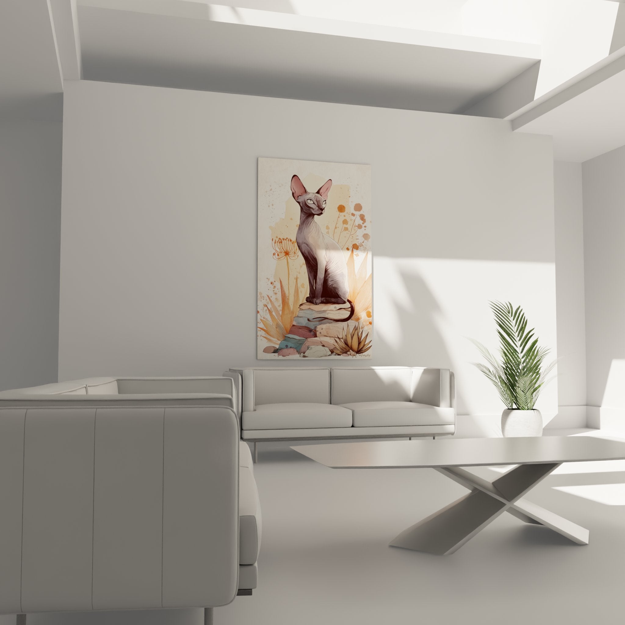 Dettaglio dipinto acquerello gatto Sphynx, tecnica artistica raffinata, colori naturali delicati