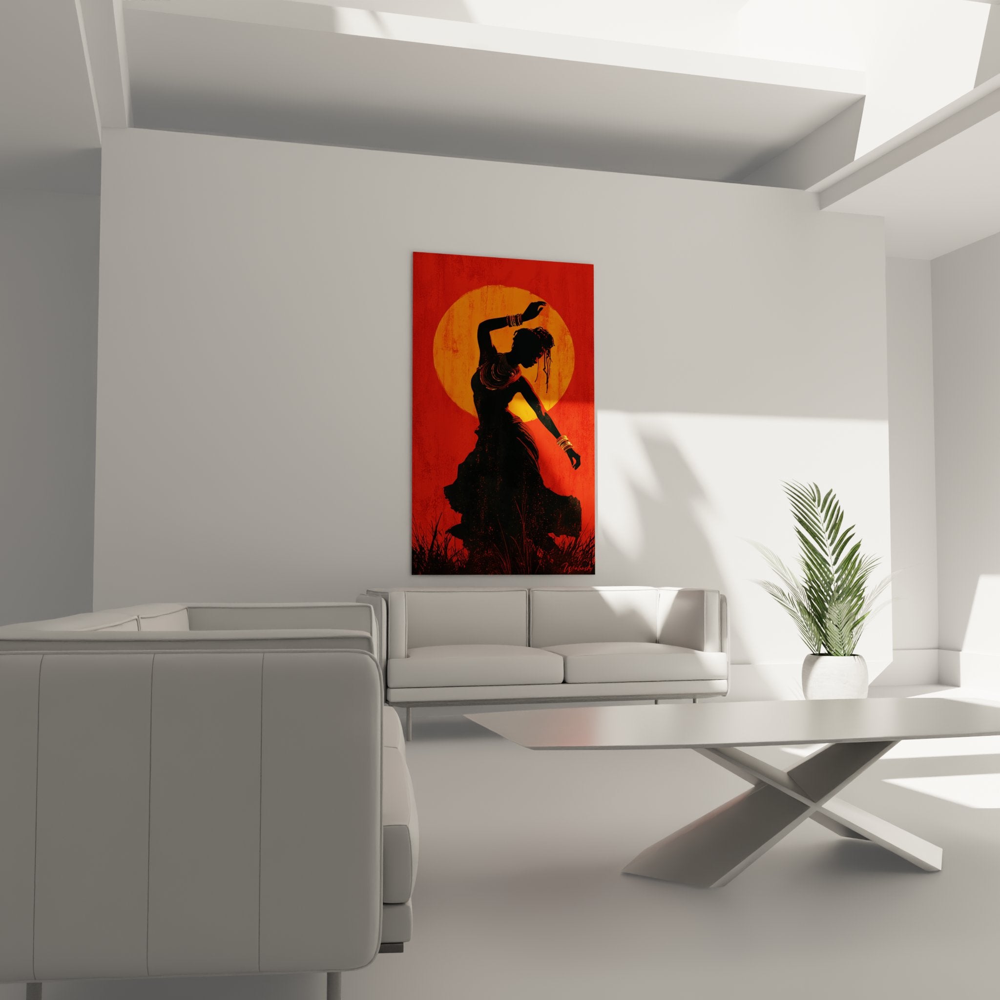Dettaglio quadro ballerina africana, silhouette elegante e bracciali tradizionali su sfondo solare
