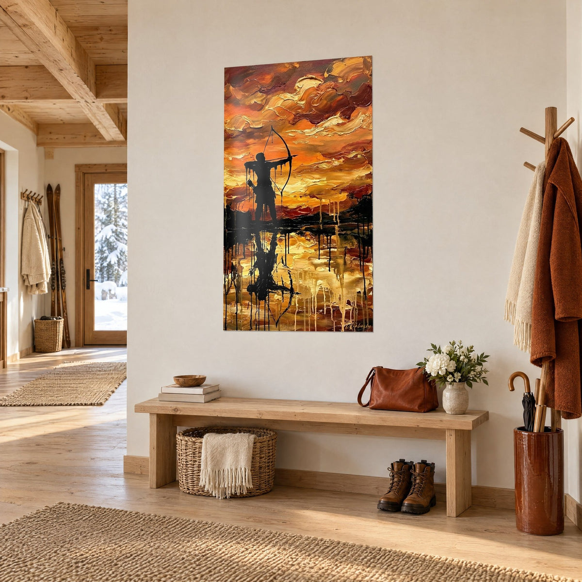 Tableau tireur à l'arc vu de profil, ciel de pâte épaisse rouge et ambre, reflet doré coulant, entrée d'un chalet