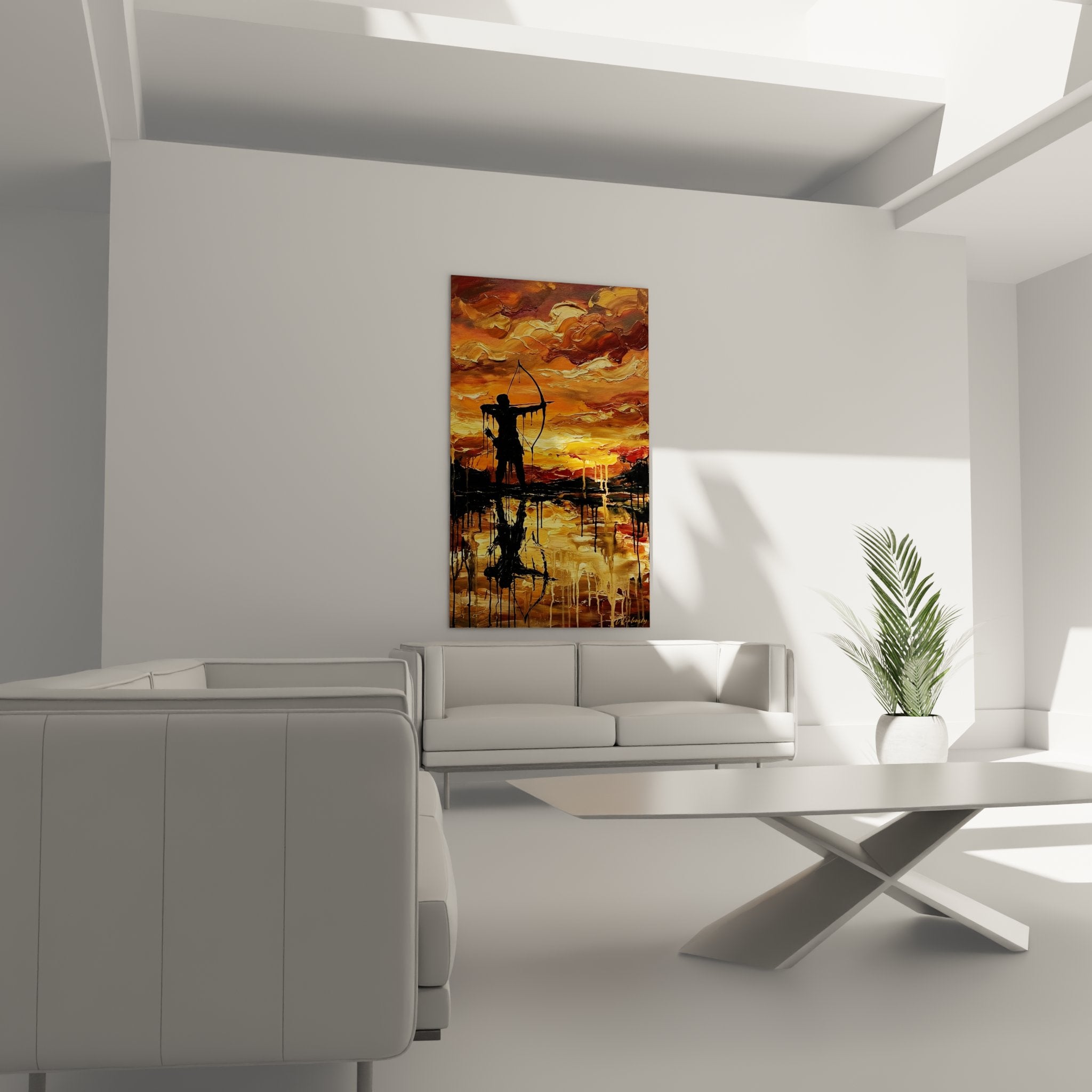 Détail du tableau archer montrant les coulures de peinture et les nuances orangées du ciel