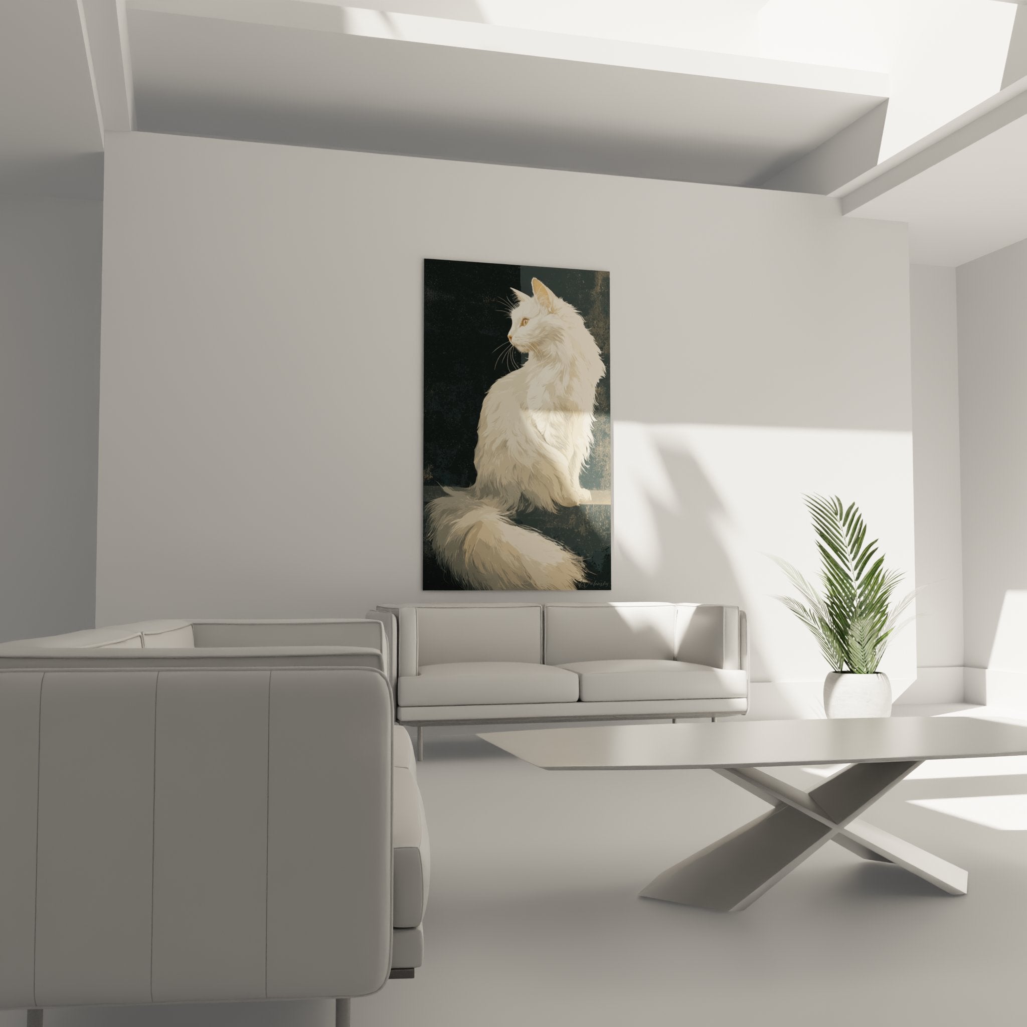 Primo piano del quadro gatto Turkish Angora che mostra i dettagli del manto bianco e l'espressione nobile dello sguardo dorato