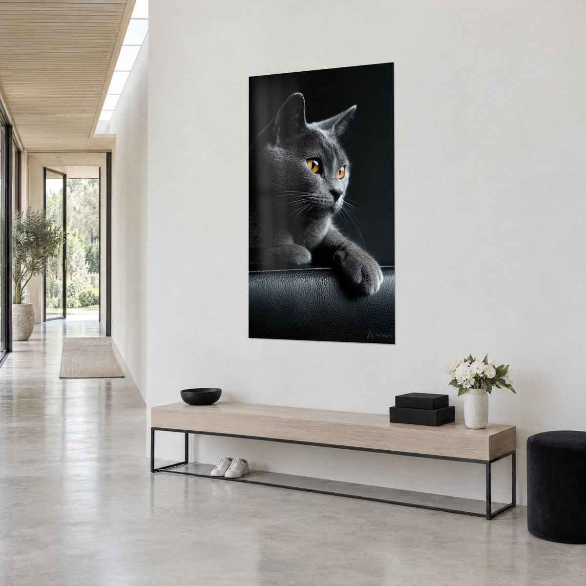 Wall art charcoal-grey cat with a golden gaze in profile, deep black background, hung on the white wall of a bright hallway with a wooden console