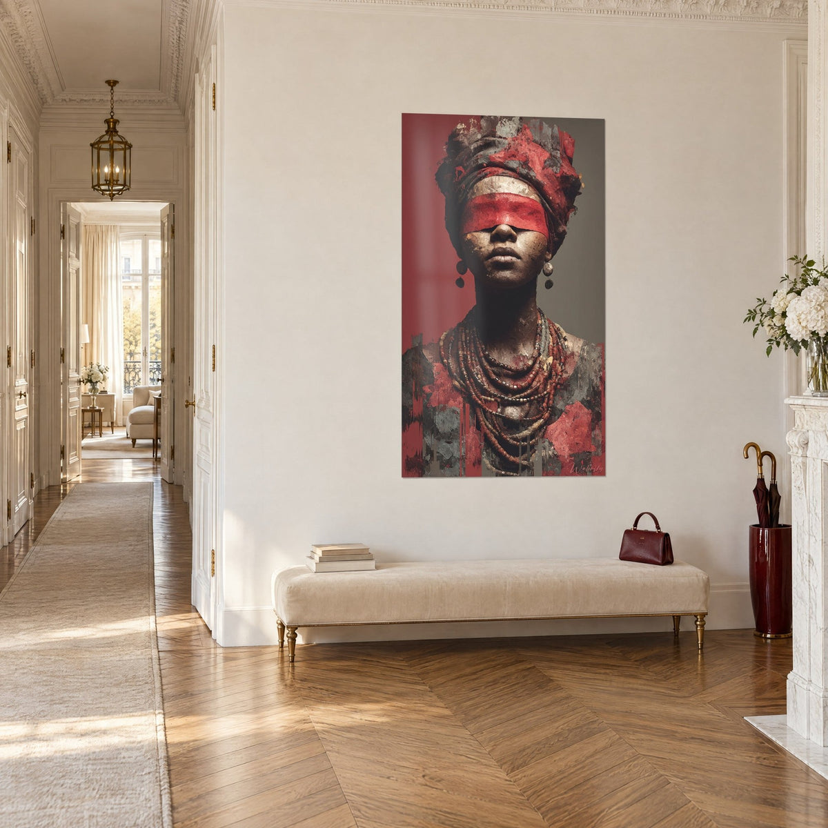 Wall art African portrait with a red ribbon over the eyes, necklace of ochre and grey pearls, vertical drips, three-quarter view
