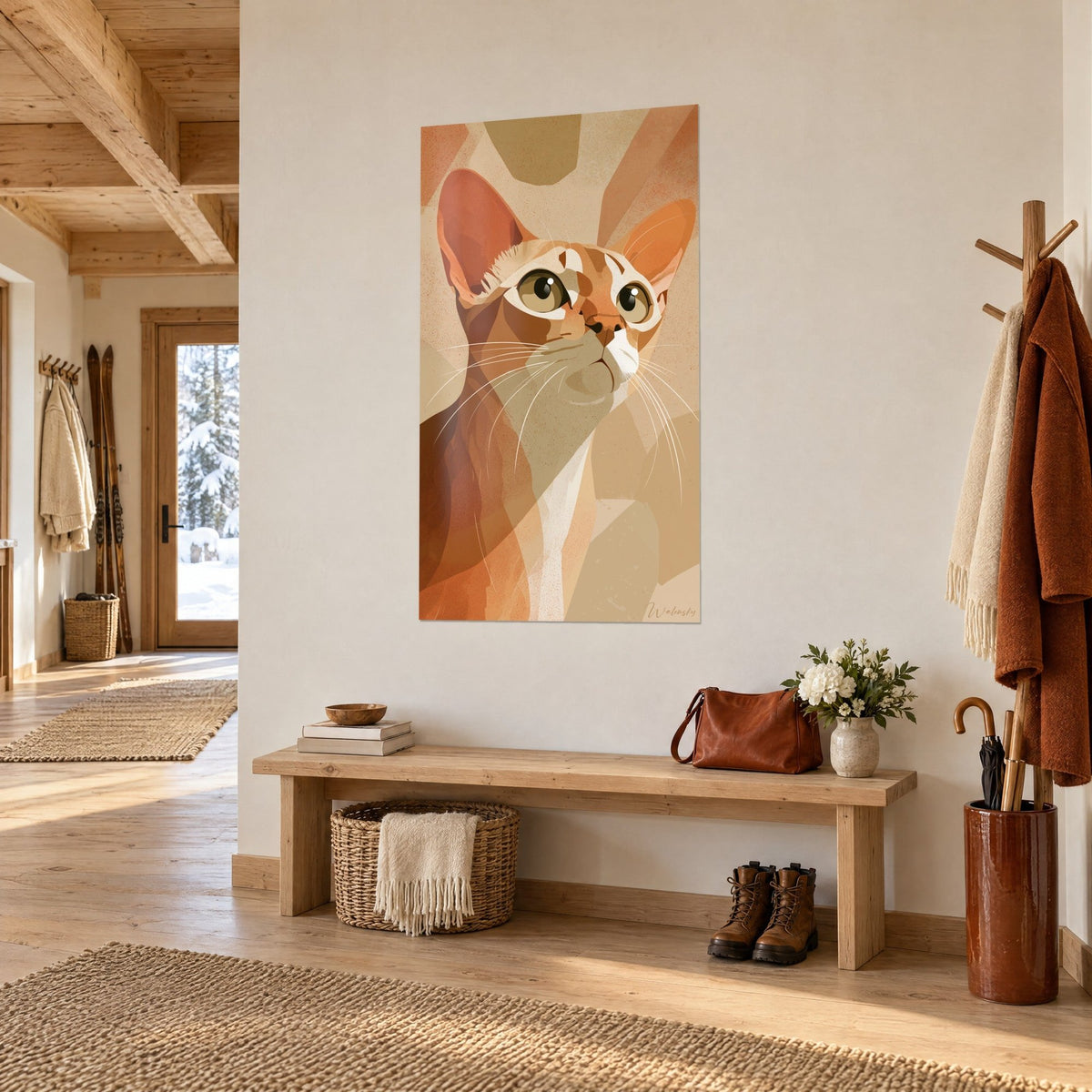 Wall art cubist cat with pointed orange ears, white whiskers on a sand background, in a wooden chalet entrance