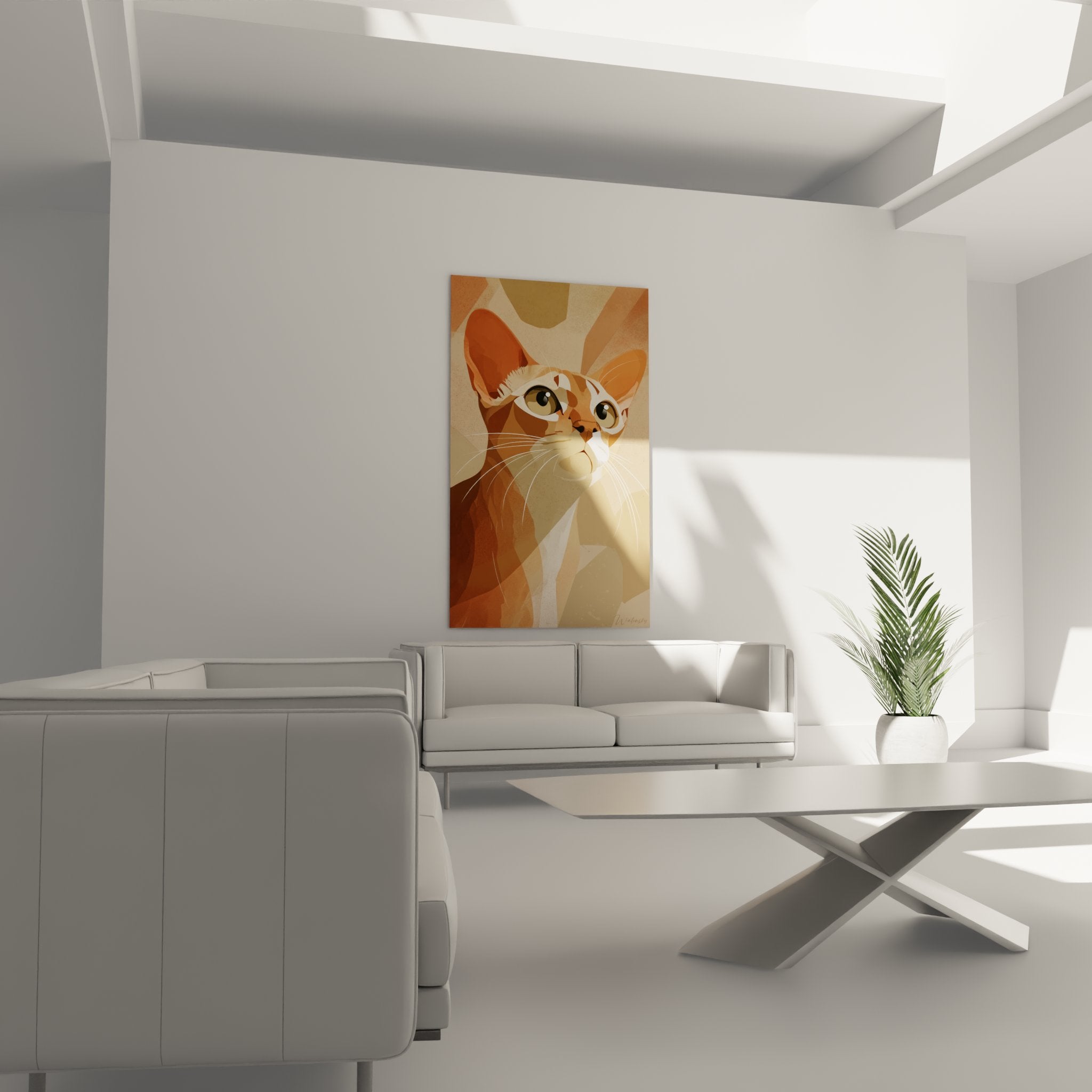 Detail portrait chat Singapura art cubiste yeux verts facettes geometriques style contemporain