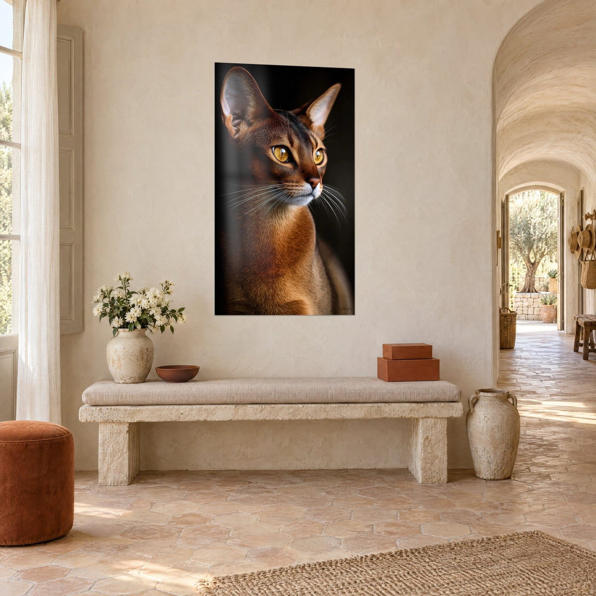 Tableau portrait de chat roux aux longues oreilles et moustaches blanches, fond sombre, sur un mur beige de mas provençal