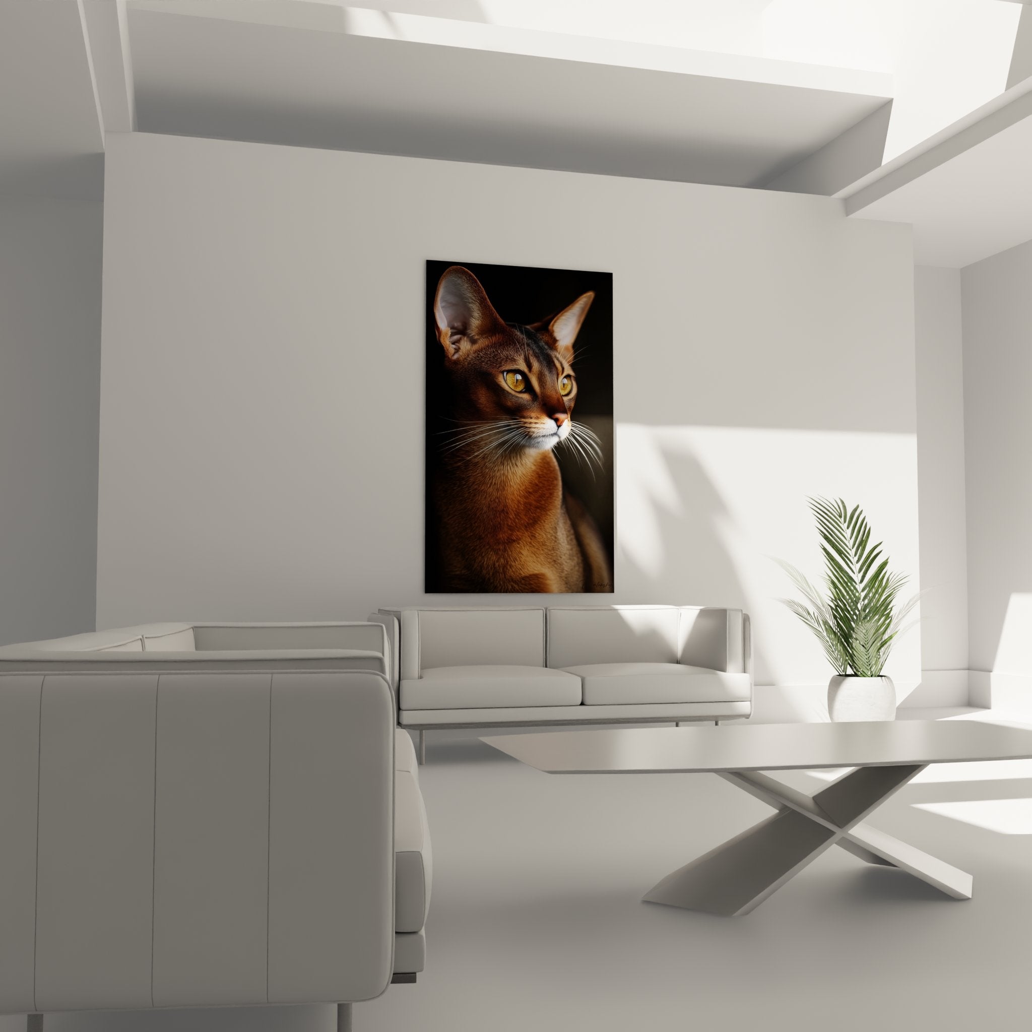 Close-up Abyssinian cat wall art, striking details of golden gaze and characteristic ticked tabby coat