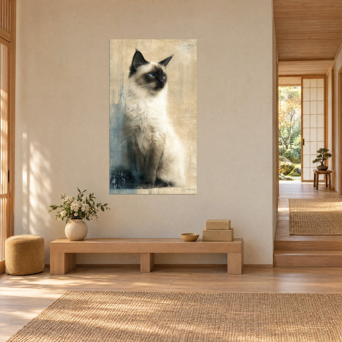 Schilderij elegant kattenportret, ivoorkleurige vacht en donkere oren op beige en patina blauwe achtergrond, driekwartaanzicht in een japandi gang