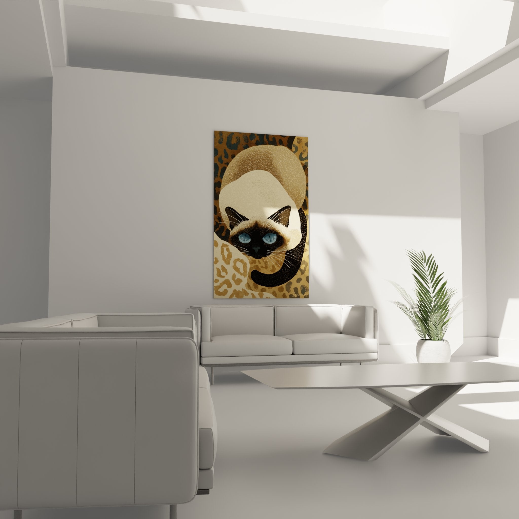 Dettaglio ravvicinato occhi azzurri penetranti gatto siamese su quadro motivi animali